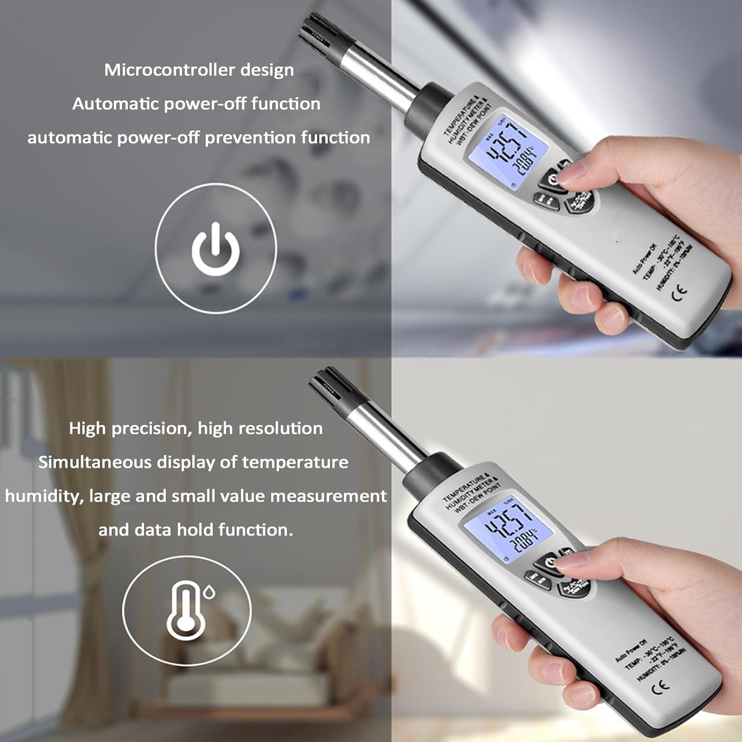 Igrometro digitale ad alta precisione, misuratore di temperatura e umidità industriale per interni, tempo di risposta 10 s, con display LCD retroilluminato, per casa, ufficio, camera da letto, soggior