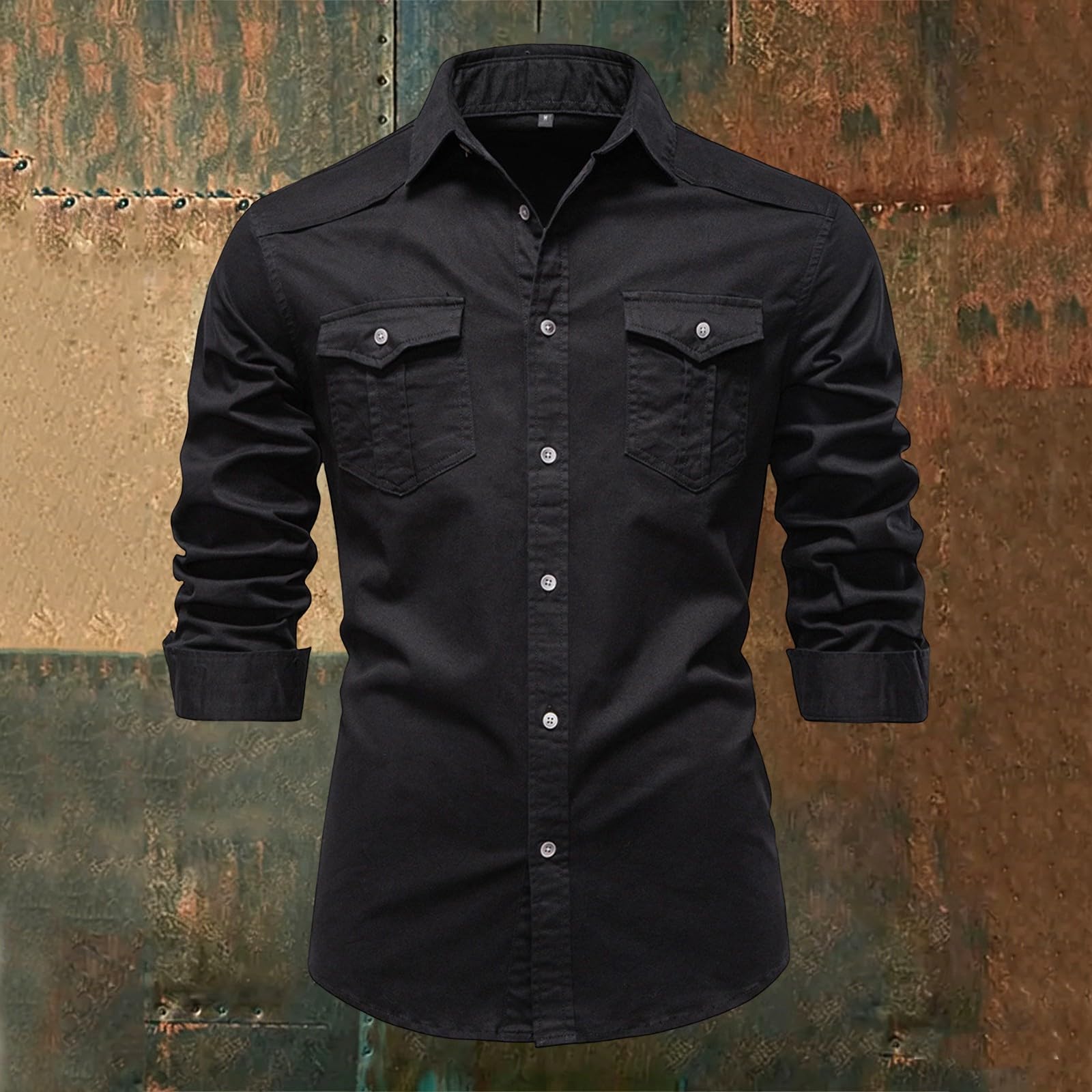 Camisa Casual de Hombre, Corte Ajustado, Manga Larga, Abotonada, de Mezclilla Lavada desgastada con Bolsillos en el Pecho.