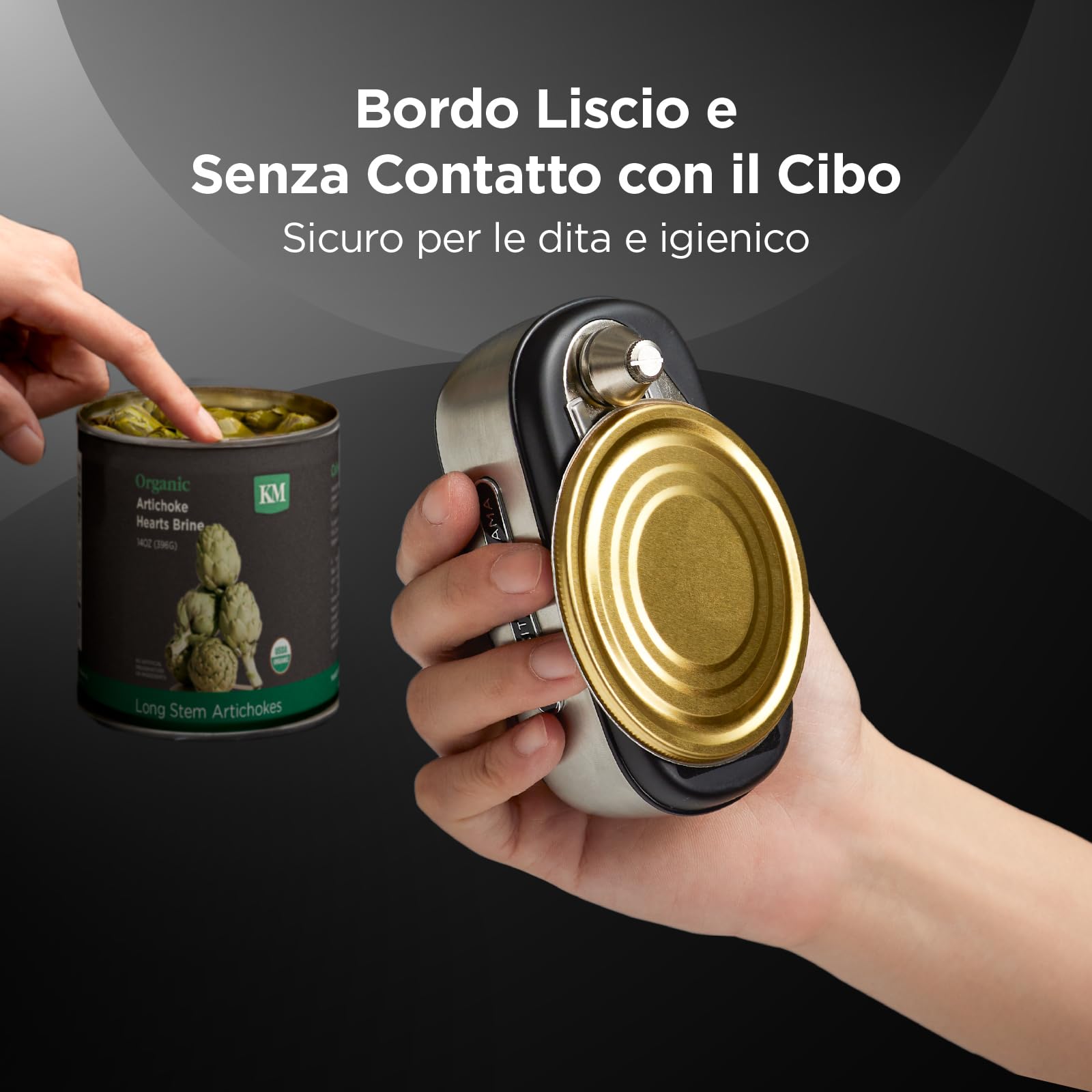 Apriscatole ricaricabile Orbit One di Kitchen Mama: Funzionamento a mani libere, ricarica di tipo C, spegnimento automatico, bordo liscio (acciaio inossidabile)