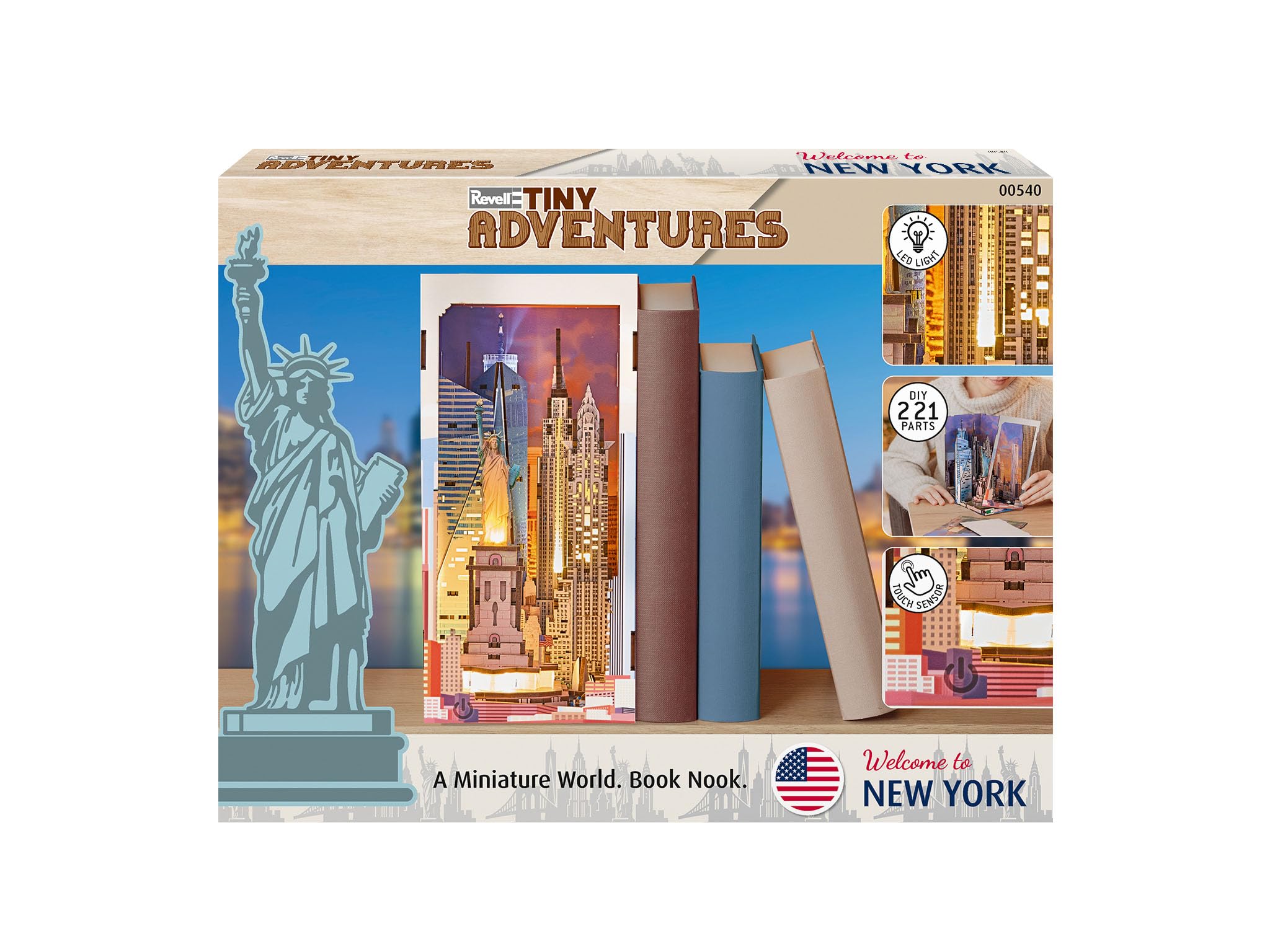 Revell Tiny Adventures New York | Book Nook Holzbausatz Diorama mit LED Beleuchtung | 23 cm Bücherregal Deko | lasergeschnittenes Stecksystem für Erwachsene ab 14 Jahren