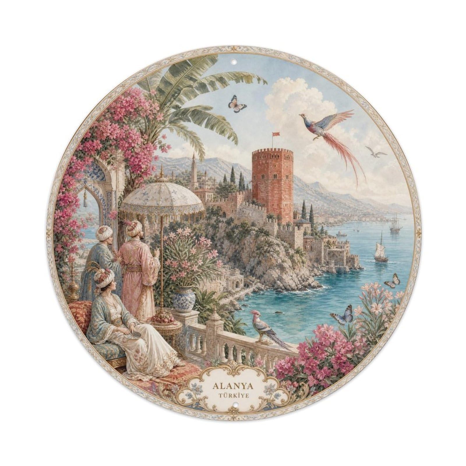 Alanya Turkey Coastal Landmark Chinoiserie Metal Tin Sign