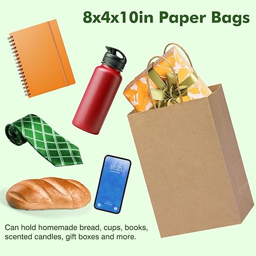 Miniatura 5 de OUTUXED 60 bolsas de papel marrón con asas, bolsas de regalo de estraza de 8 x 4 x 10 pulgadas con asas, tamaño mediano a granel para recuerdos de