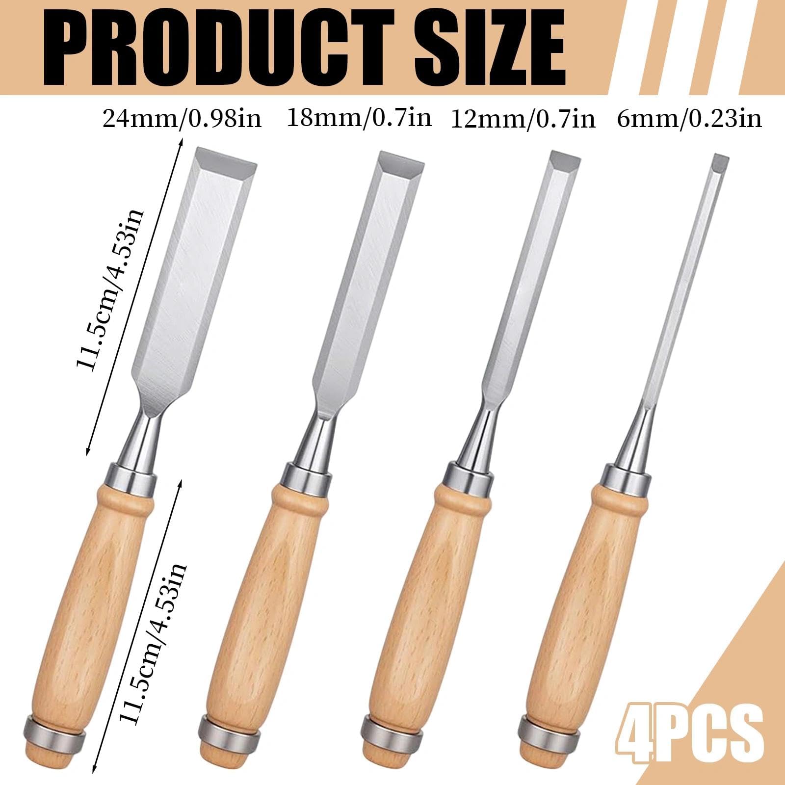 Scalpelli per Legno 6mm 12mm 18mm 24mm Set 4 Pezzi Attrezzi da Intaglio