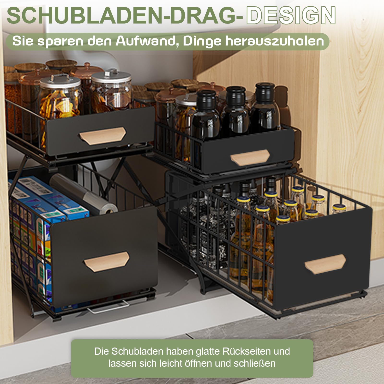 Gewürzregal, 2 Etagen Standregal Küche Arbeitsplatte Regal Organizer 40x26x39cm Ausziehbarer Organizer ohne Montage Stauraum für Gewürze & Flaschen（Schwarz）