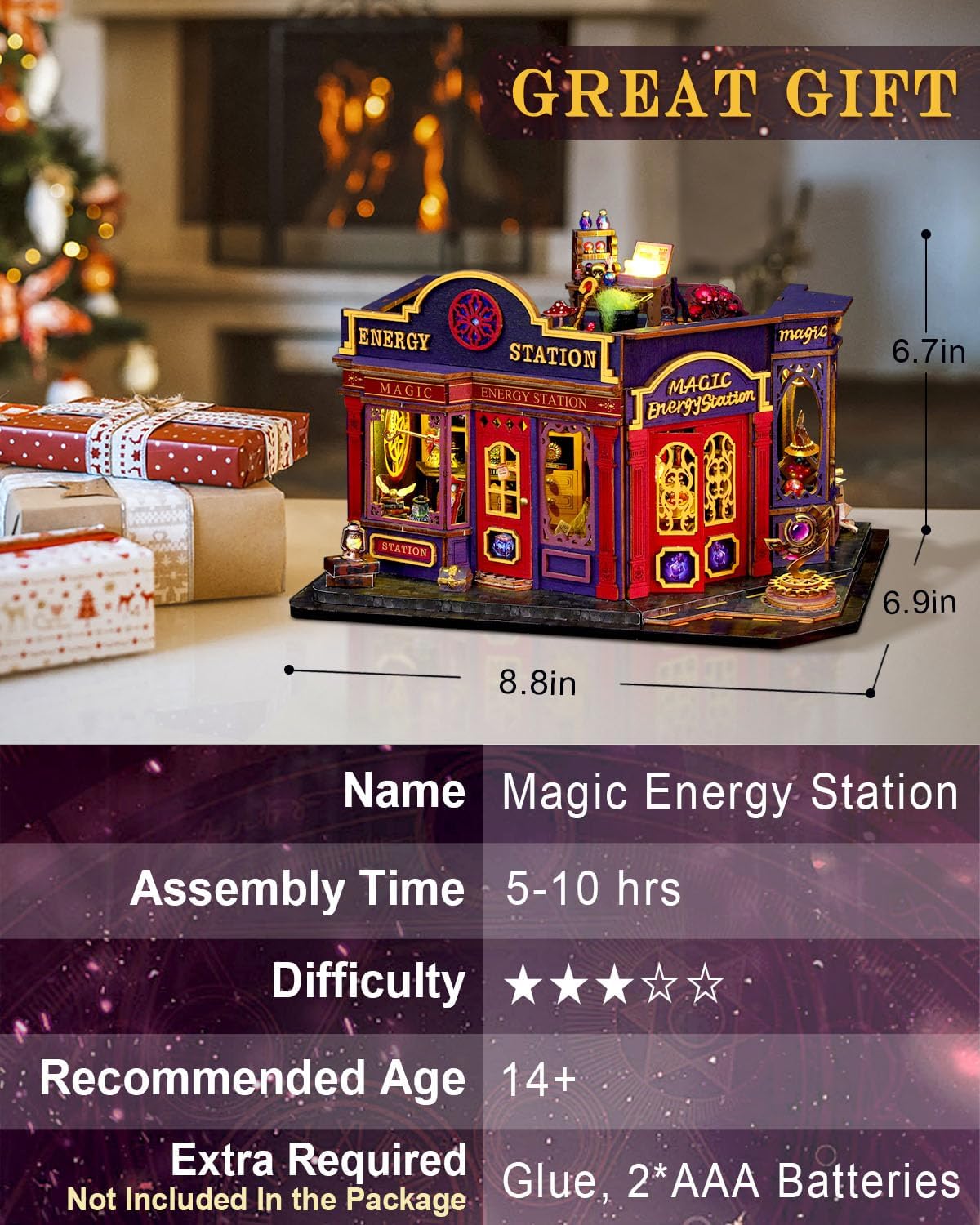 Miniature House Kit Magic Energy Station, DIY Dollhouse Kit for Adults & Teens, Tiny House Craft Decor with LED Lights, Wooden Mini Model Gift for Birthdays & Holidays