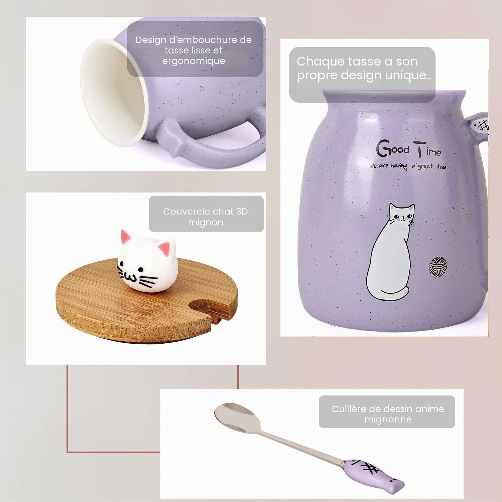 Lot de 4 tasses à café en céramique avec couvercle en forme de chat mignon et cuillère en forme de poisson pour filles et femmes, cadeau de Noël, d'anniversaire, 500 ml (bleu, rose, violet, jaune)
