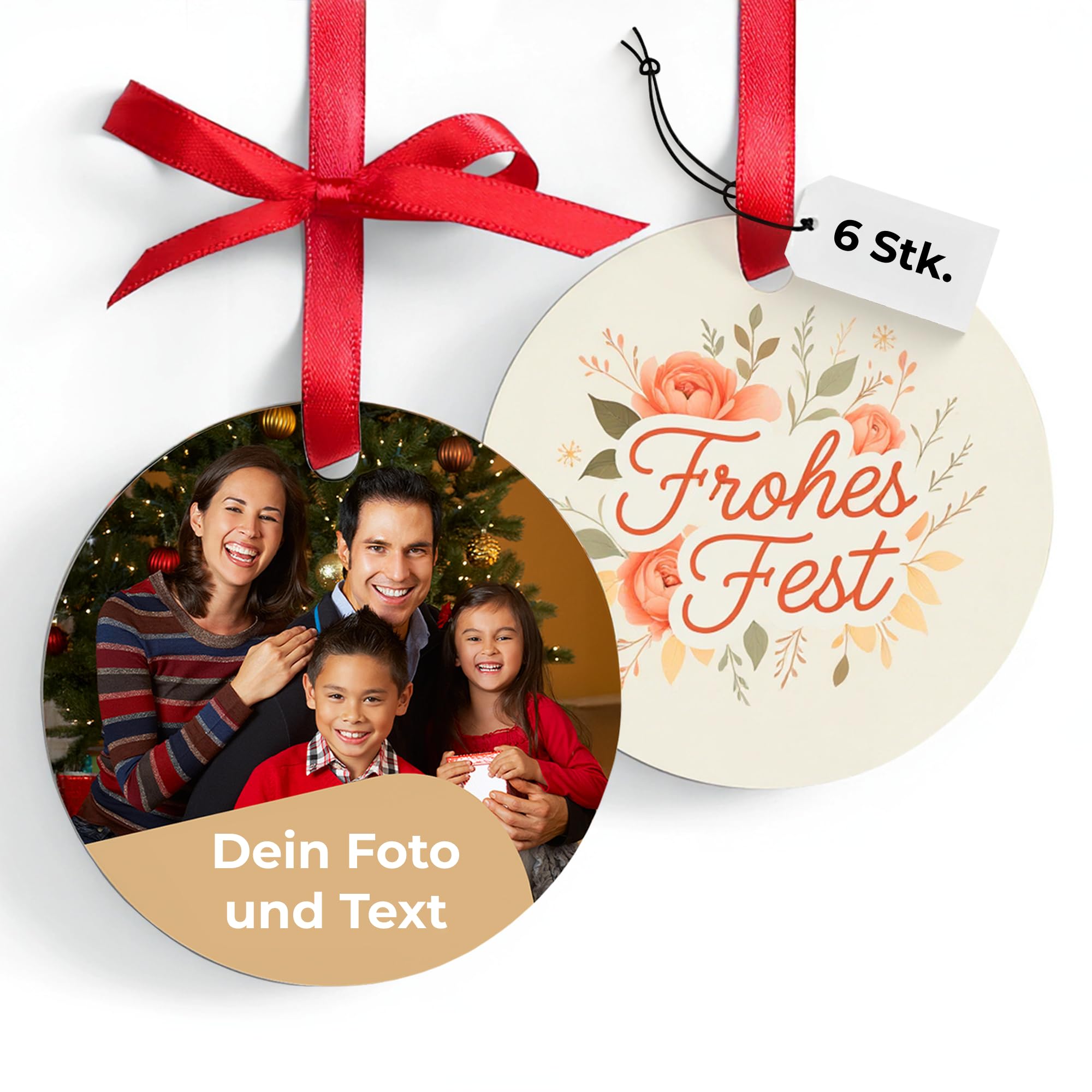 Cimpress personalisierter Weihnachtsschmuck Rund 7x7 cm, 6 Stück, Metall, Foto & Text, individuelle Weihnachtsbaumdeko, Weihnachtsanhänger, Geschenkidee Familie, Baby’s erstes Weihnachten