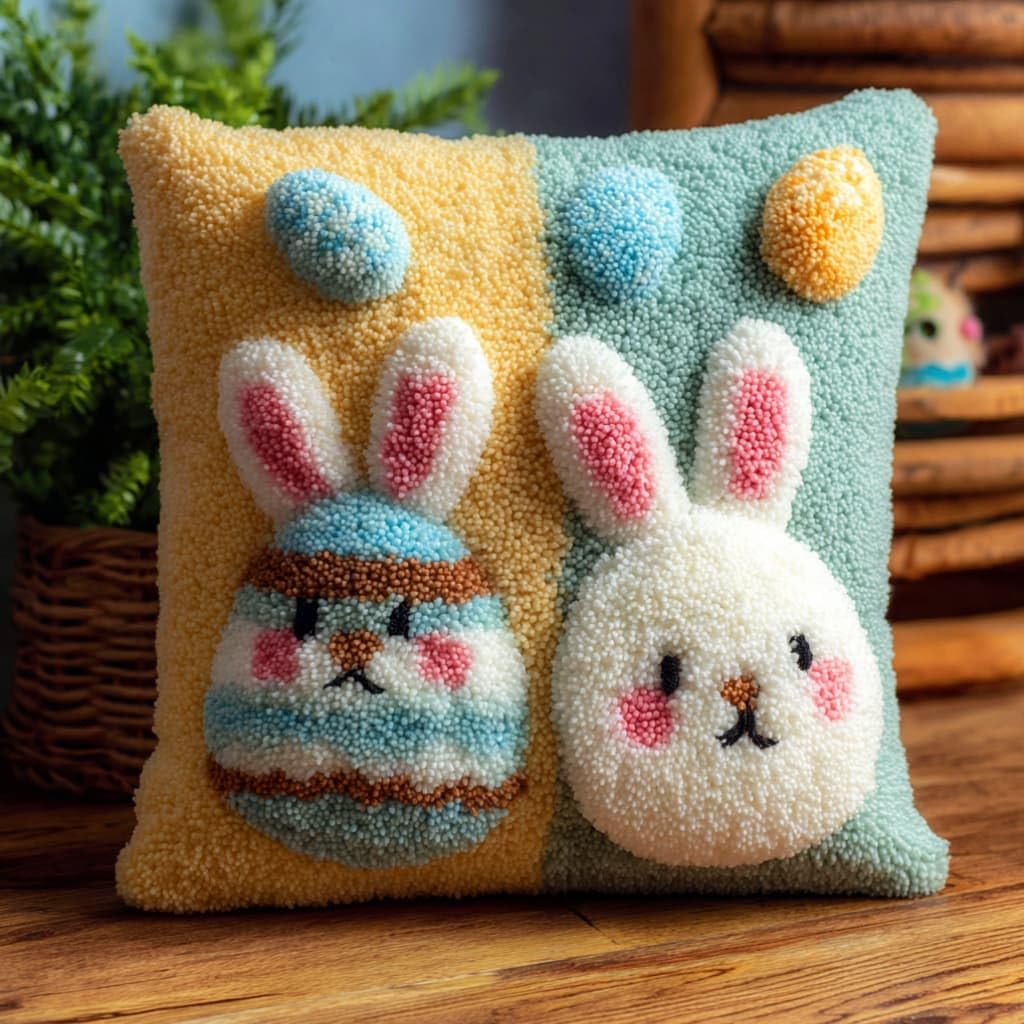 AxiangziK Latch Hook Pillow Kit,Rabbit Easter Egg DIY Cushion Cover 43X43Cm