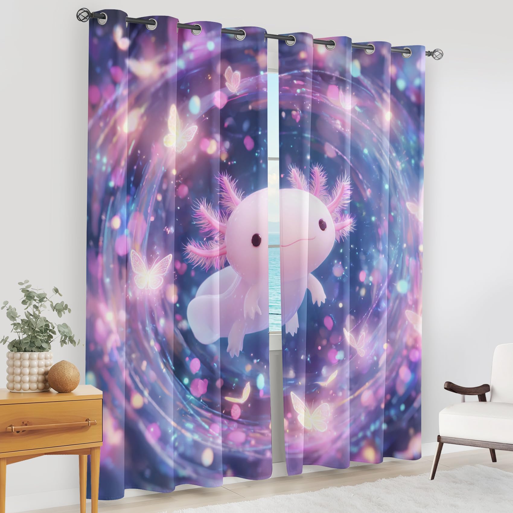 Süßer Axolotl Vorhänge Blickdicht, Schmetterling Fantasie Vorhang mit ösen für Wohnzimmer Schlafzimmer, Thermovorhang Kälteschutz Gardinen, Cartoon Tier Verdunklungsvorhänge 2er set B 200 x H 160 bN4