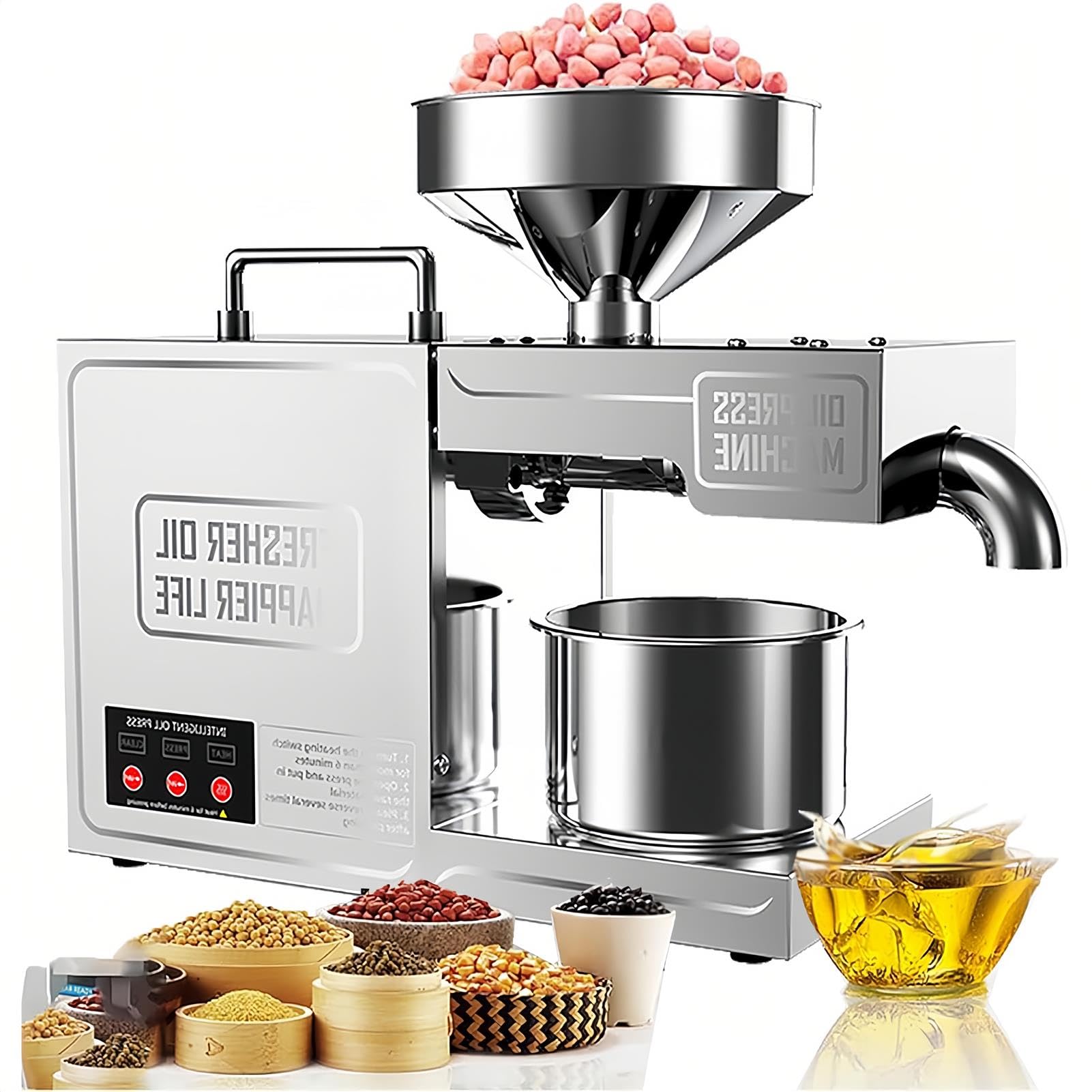 HCZKIUJY Automatic Oil Extractor, Food Grade Stainless Steel, Commercial Nut Seed Press for Peanuts and Sesame Seeds (Silver)