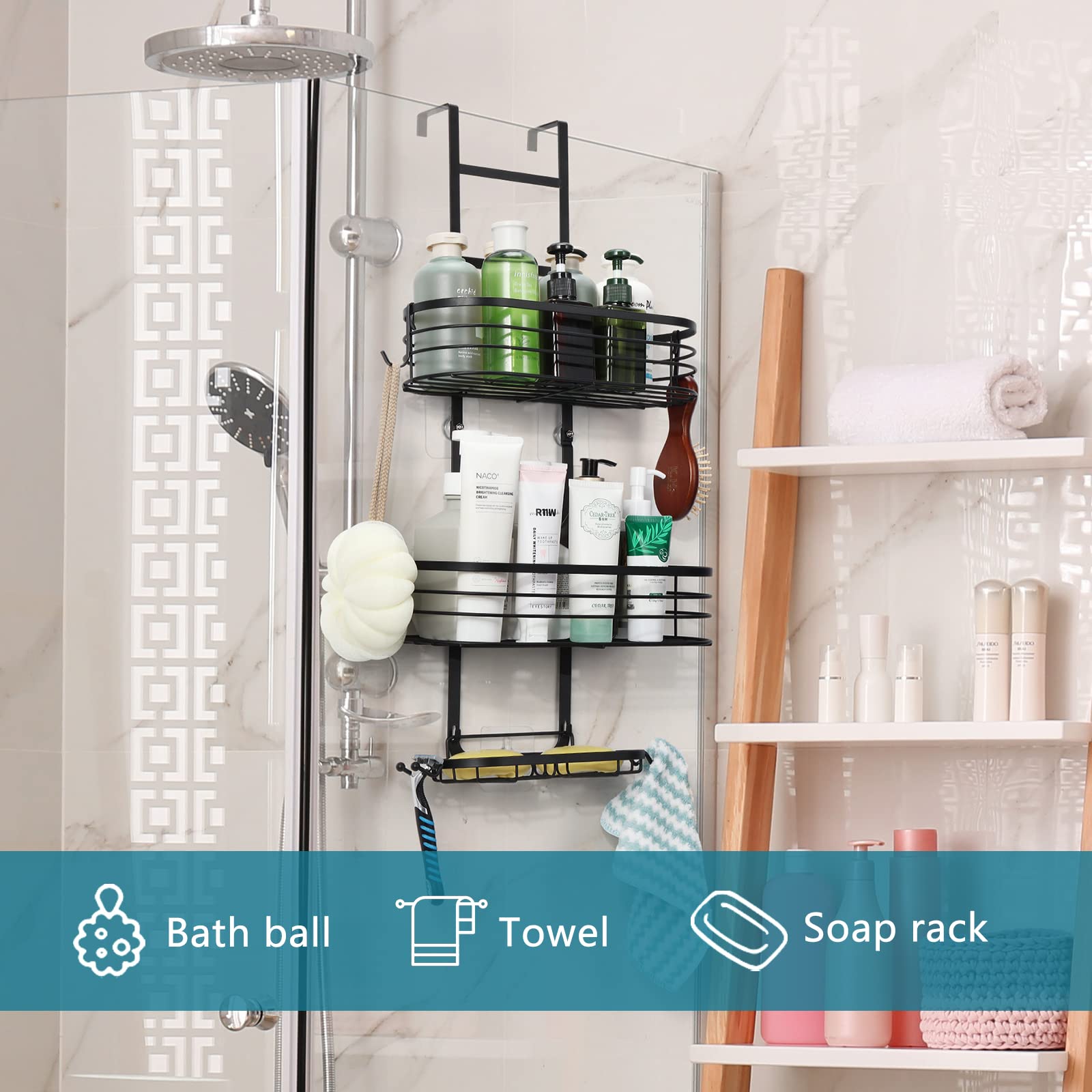 Beelee Gouden Douche Caddy Ophangend, Douche Organizer Badkamer Opslag Boven Deur met 2-Tier Rek en Haken, Houdt Lichaamswas, Shampoo, Zeep