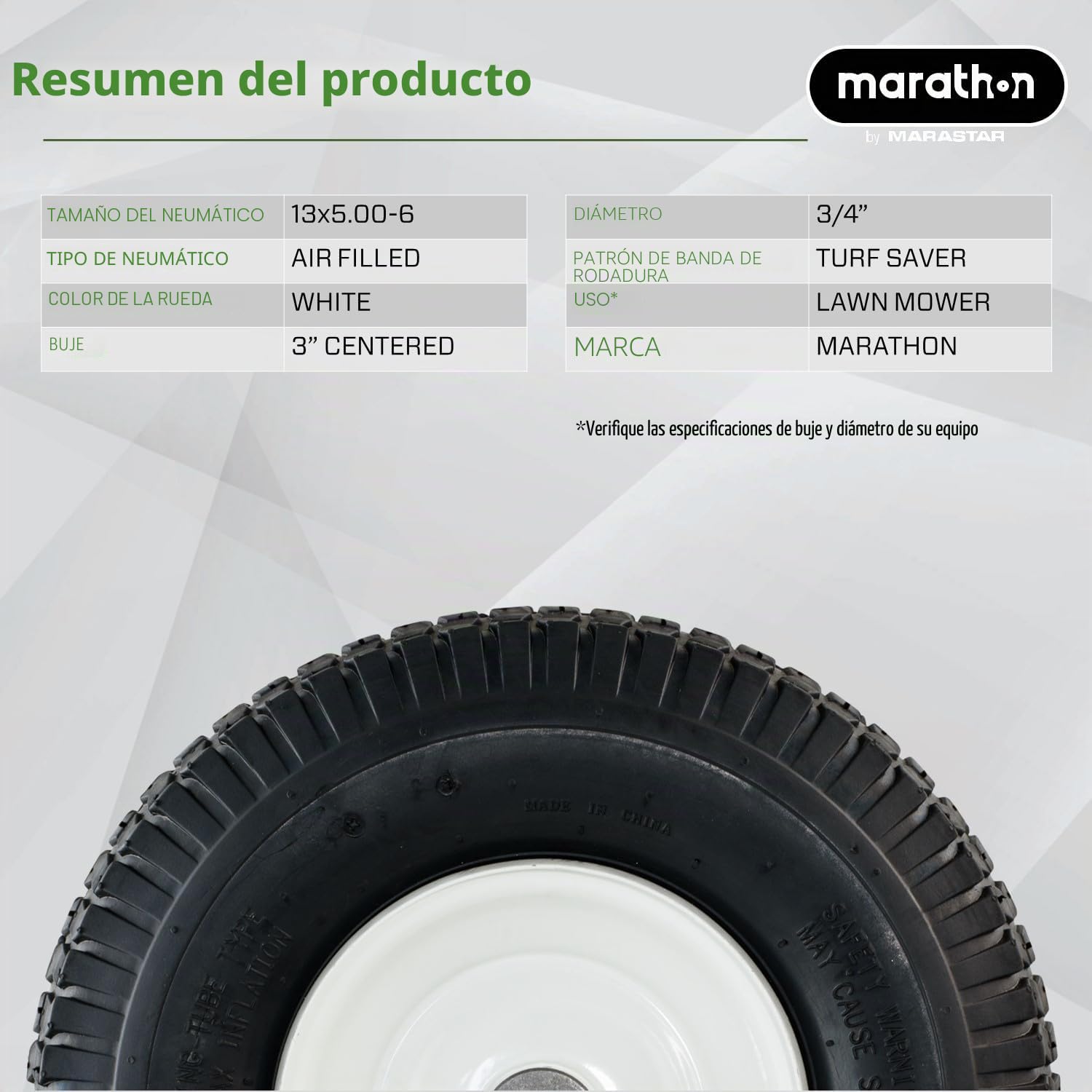 Marathon 20336 Neumático para cortacésped (relleno de aire) neumático de 13 x 5-15 cm