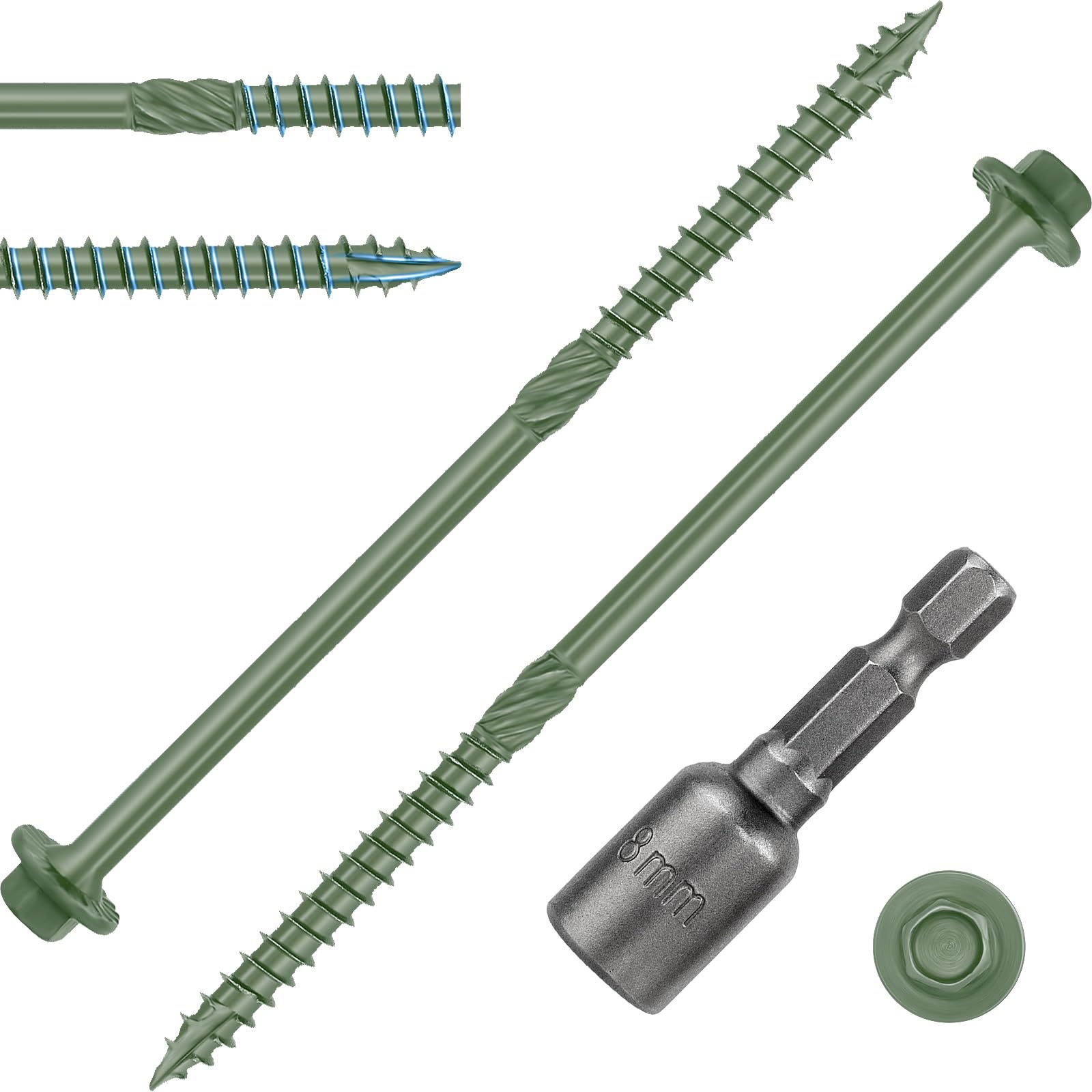 FandWay 25 Pcs Timber Screws,6.7x200mm Hex Head Timber Fixing Screws,Heavy Duty Structural Wood Deck Screw,Rust Epoxy Coated Coach Screw External Hex for Outdoor Log Landscape Frame (Exterior Green)