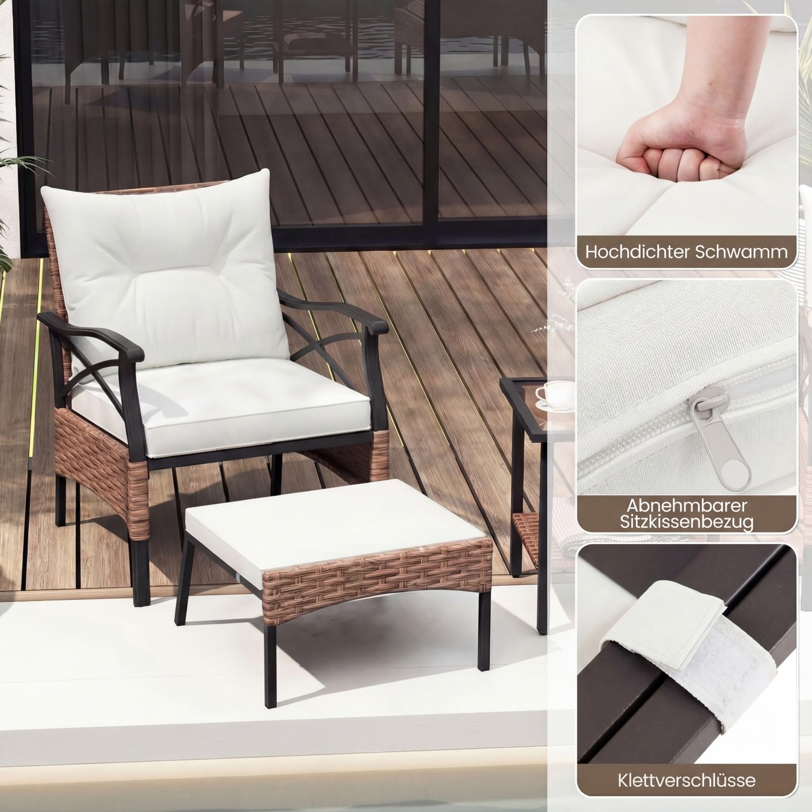 COSTWAY Rattan Gartenmöbel Set, 5-teiliges Balkonmöbel, Balkonset inkl. 2 Stühle mit Kissen, Hocker & Tisch, Terrassenmöbel, Gartengarnitur, Sitzgruppe für Garten, Balkon, Terrasse (Braun + Beige)