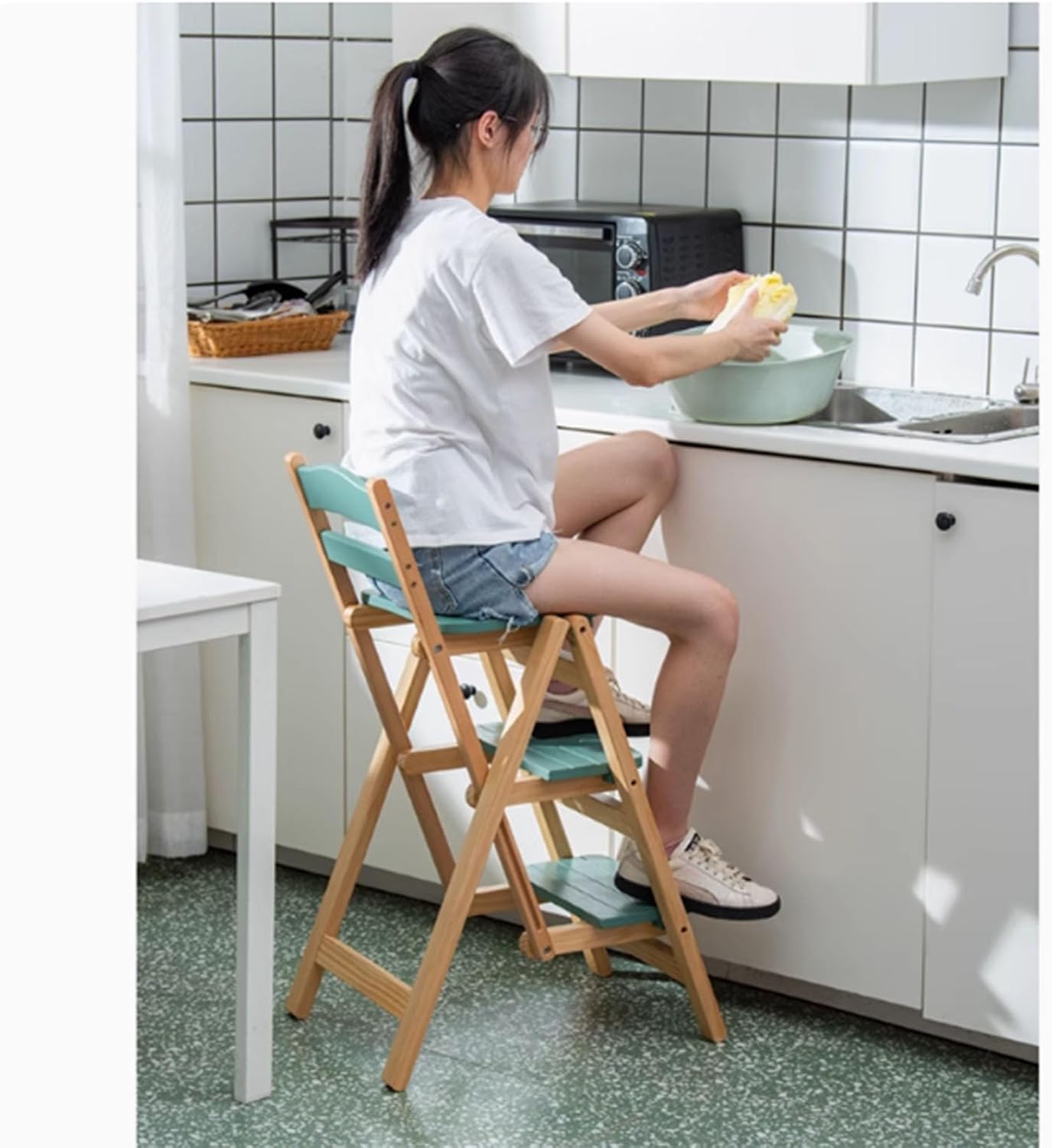 Solid Wood Ladder Stool Counter Height High Stool, Portable Folding Stool, Kitchen Outdoor Step Stool, Solid Wood Folding Stool, Folding Bar Stool Three Step Ladder Stool, Folding Bar Stool Wooden C