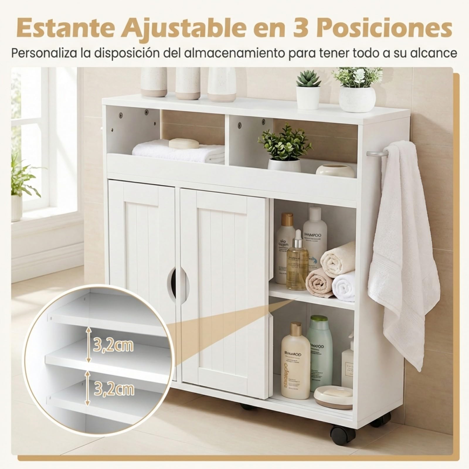 COSTWAY Armario de Baño con Ruedas, Carrito Delgado Lateral con Estante Ajustable y Toalleros, Puertas Correderas, Unidad de Almacenamiento Independiente para Sala, Cocina Entrada, Blanco, 75x20x72 cm