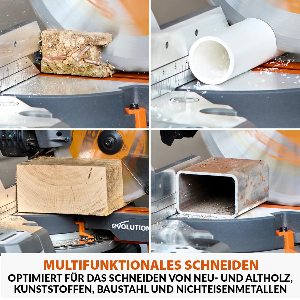 Evolution Power Tools R255SMS-DB-Li Akku-kappsäge, bürstenlosem, Gleitfunktion 2x18V Li-Ion Universalsägeblatt, schneidet Holz Metall Kunststoff, Akku im Lieferumfang inbegriffen, 255 mm