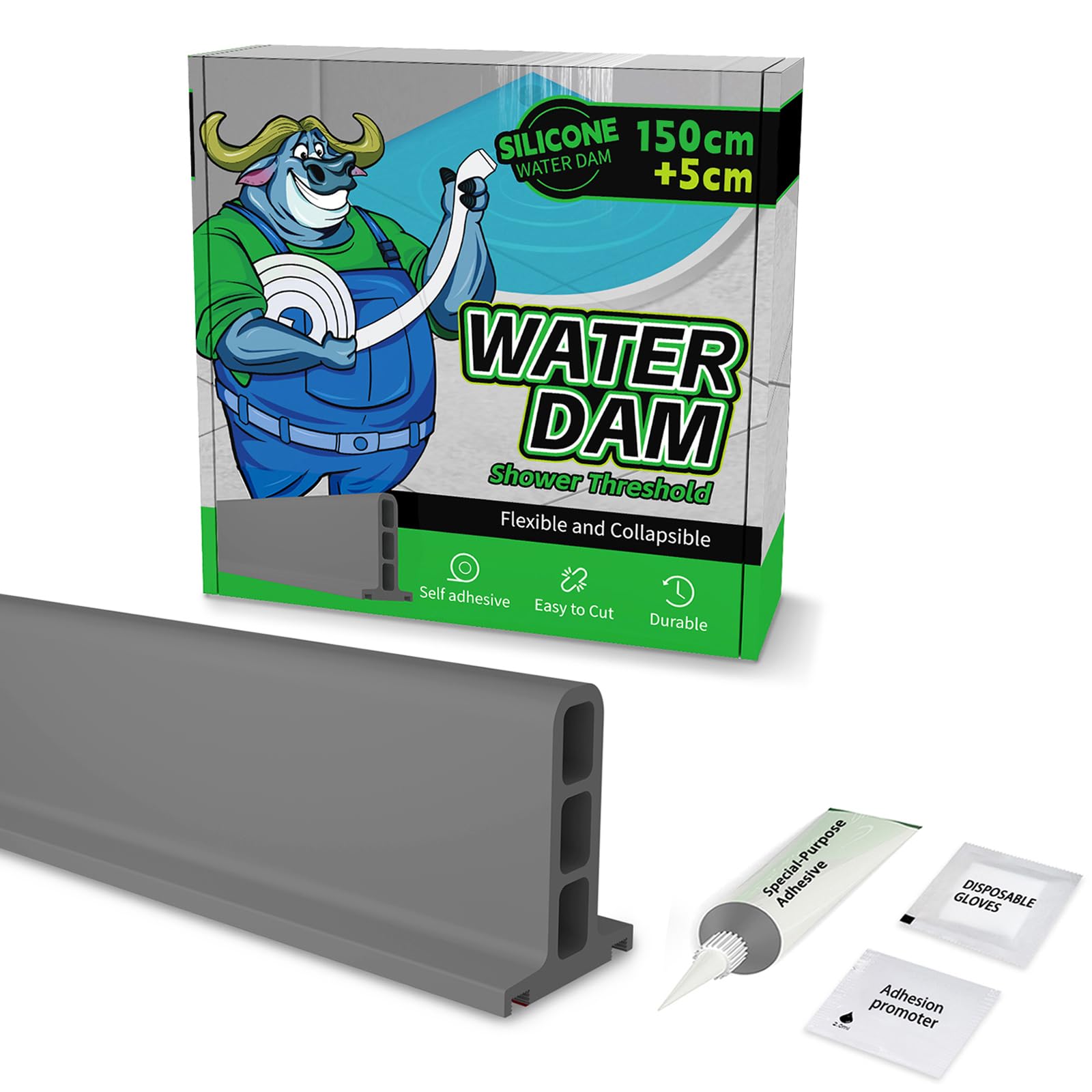 Barre de seuil de douche autocollante en caoutchouc flexible pour salle de bain et cuisine