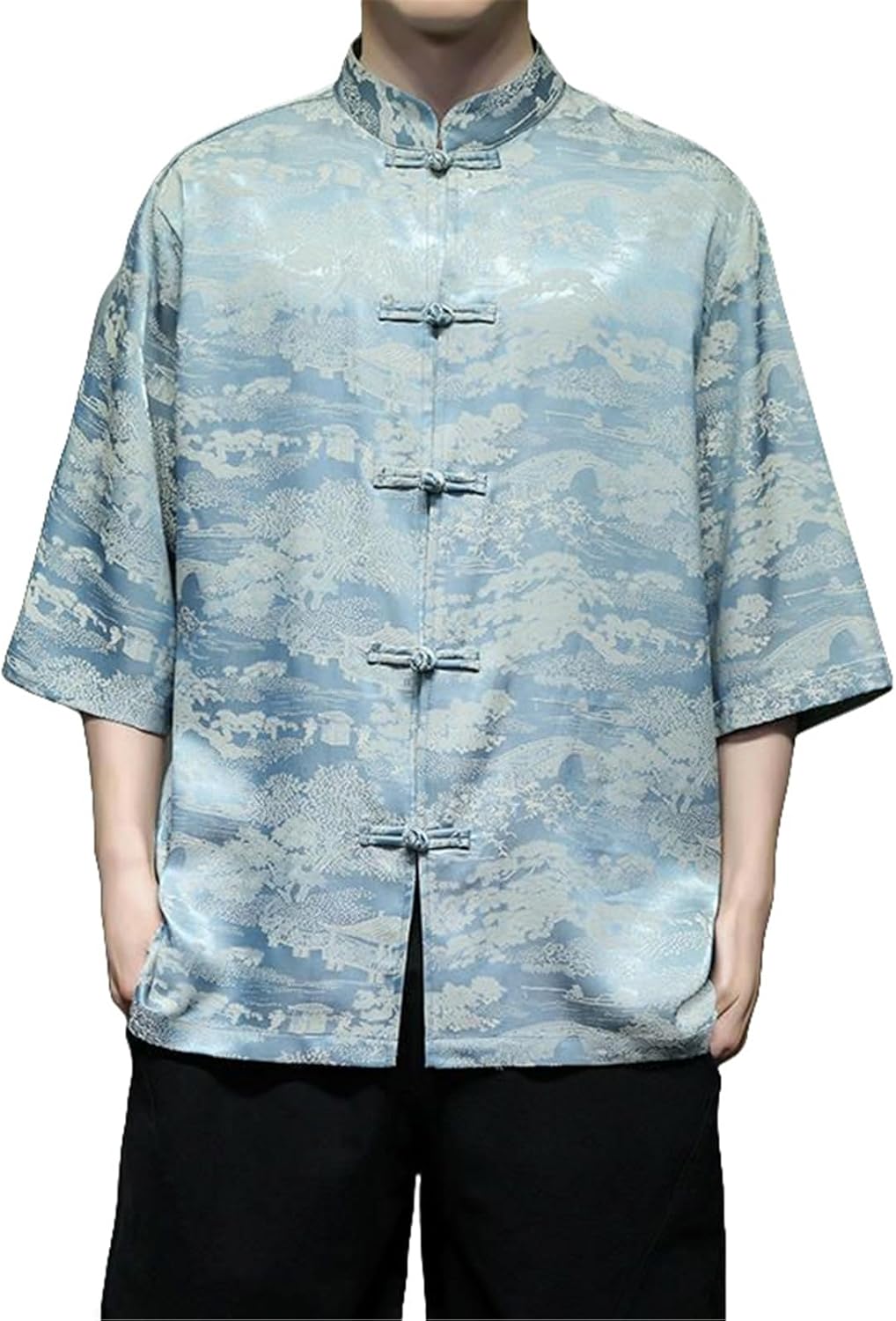 Men's Summer Chinese Style Ice Silk Stand Collar Frog Button Print Short Sleeve Shirt