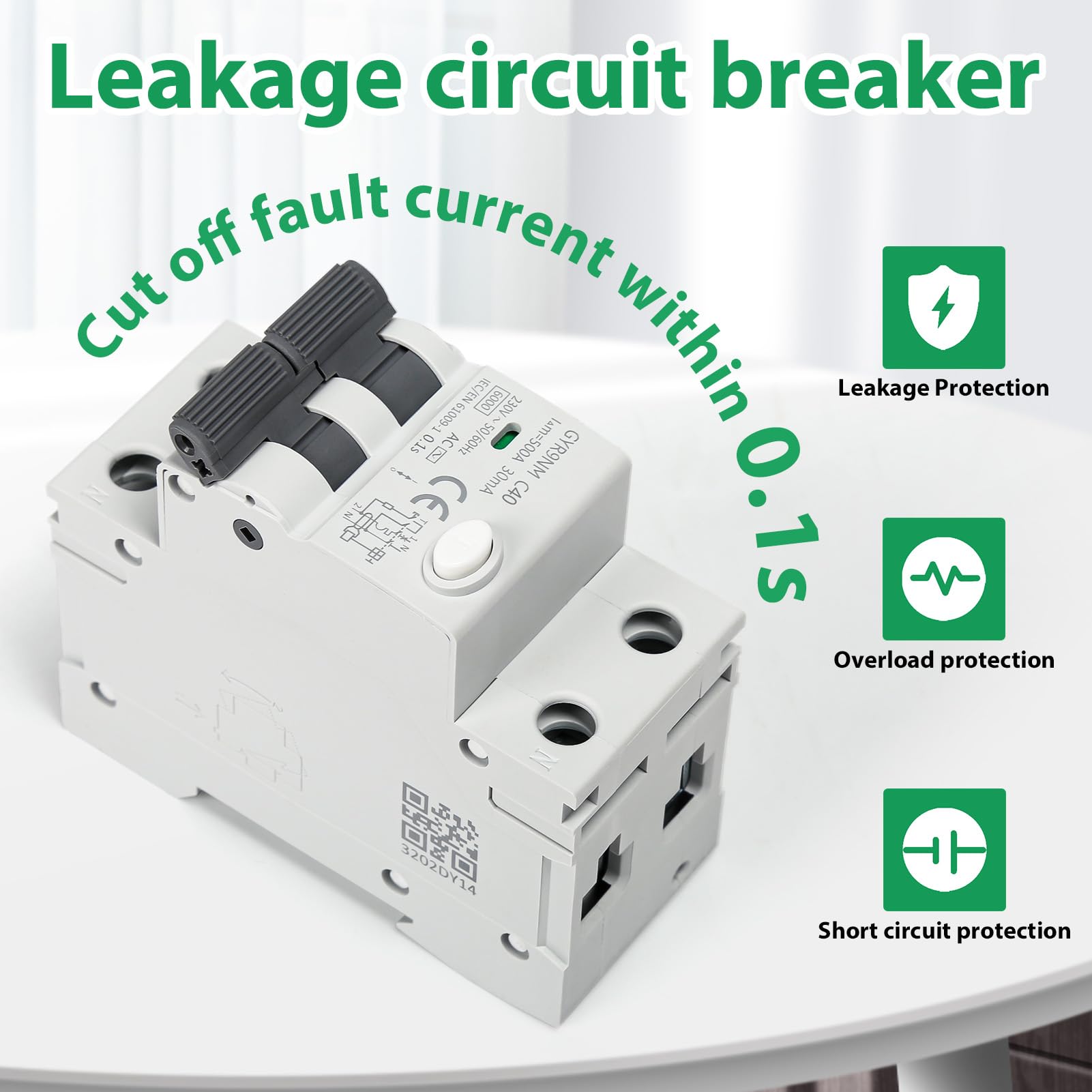 Disjoncteur différentiel 40a 30ma 1P+N Interrupteur Différentiel RCBO 6KA AC 220V avec protection contre les courants de fuite, les surcharges et les courts circuits.