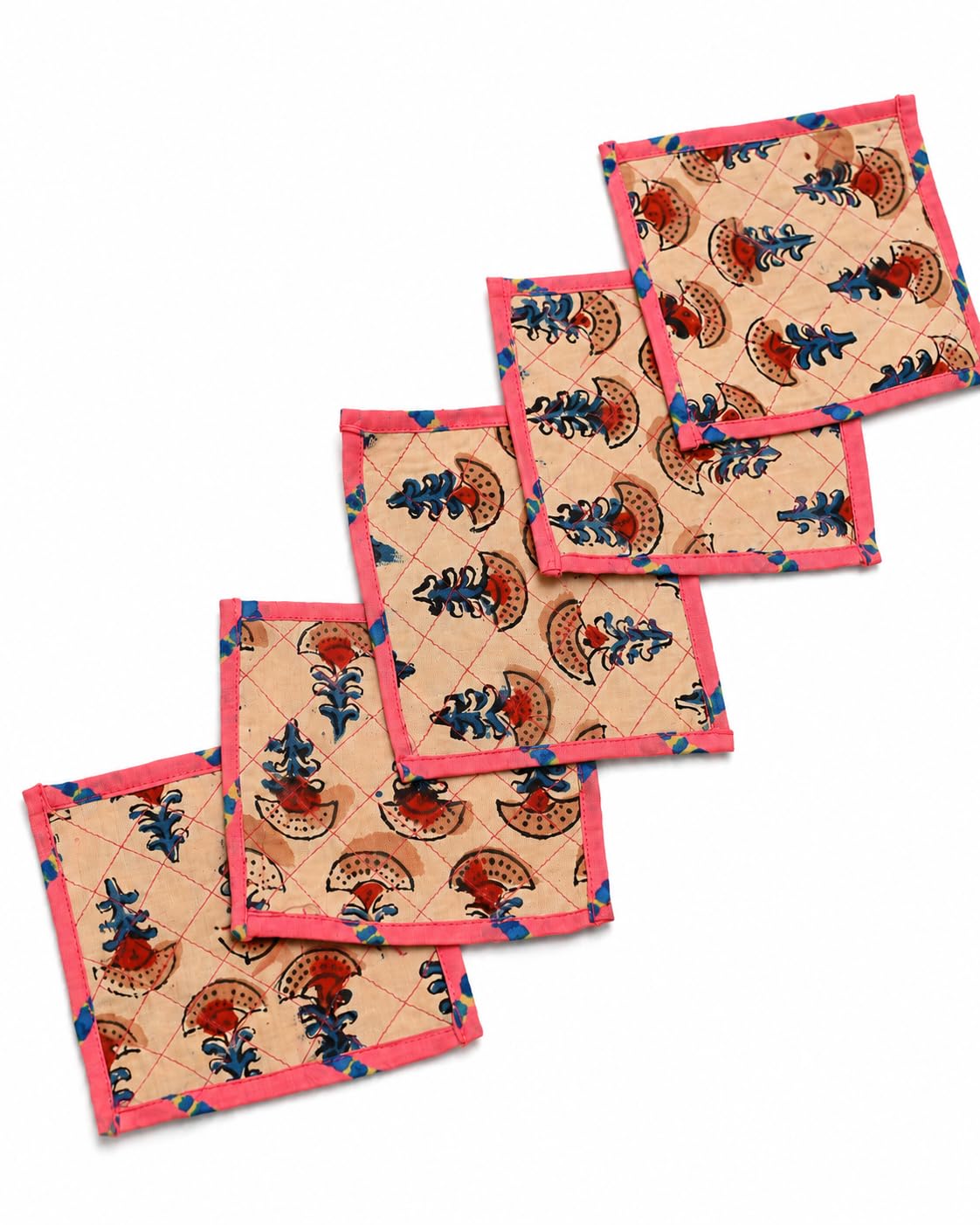Yukti Tree of Life Quilted Cotton Fabric Coaster Set of 6 with Storage Pouch | Handmade Reversible Drink Coasters for Tea, Coffee & Dining Tables | Floral Cotton Table Accessories-image-18