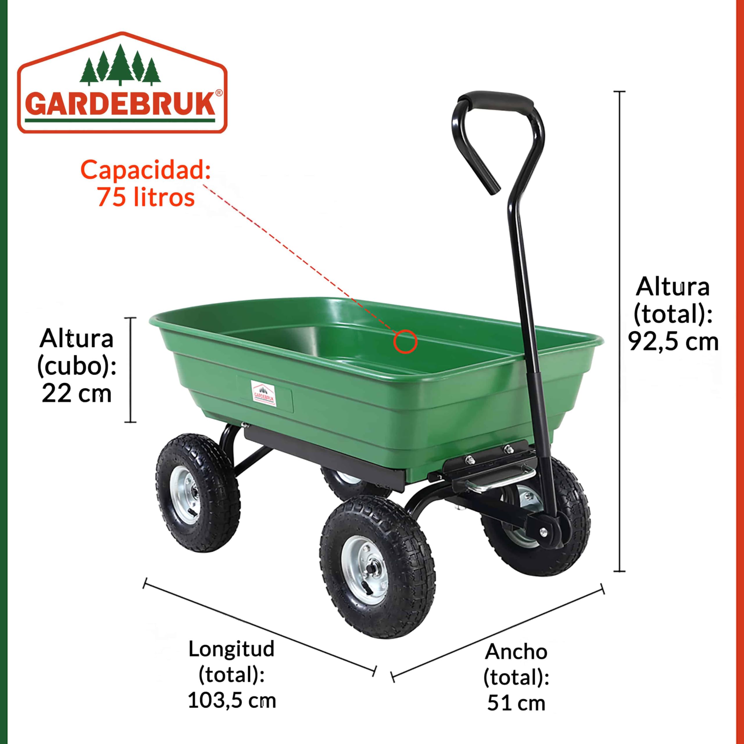 GARDEBRUK Carretilla de Jardín 75L | Basculante, Carga 300Kg, 4 Ruedas Neumáticas, Llantas Acero, Eje Dirección, Asa Acolchada, Marco Acero, Cubeta Plástico