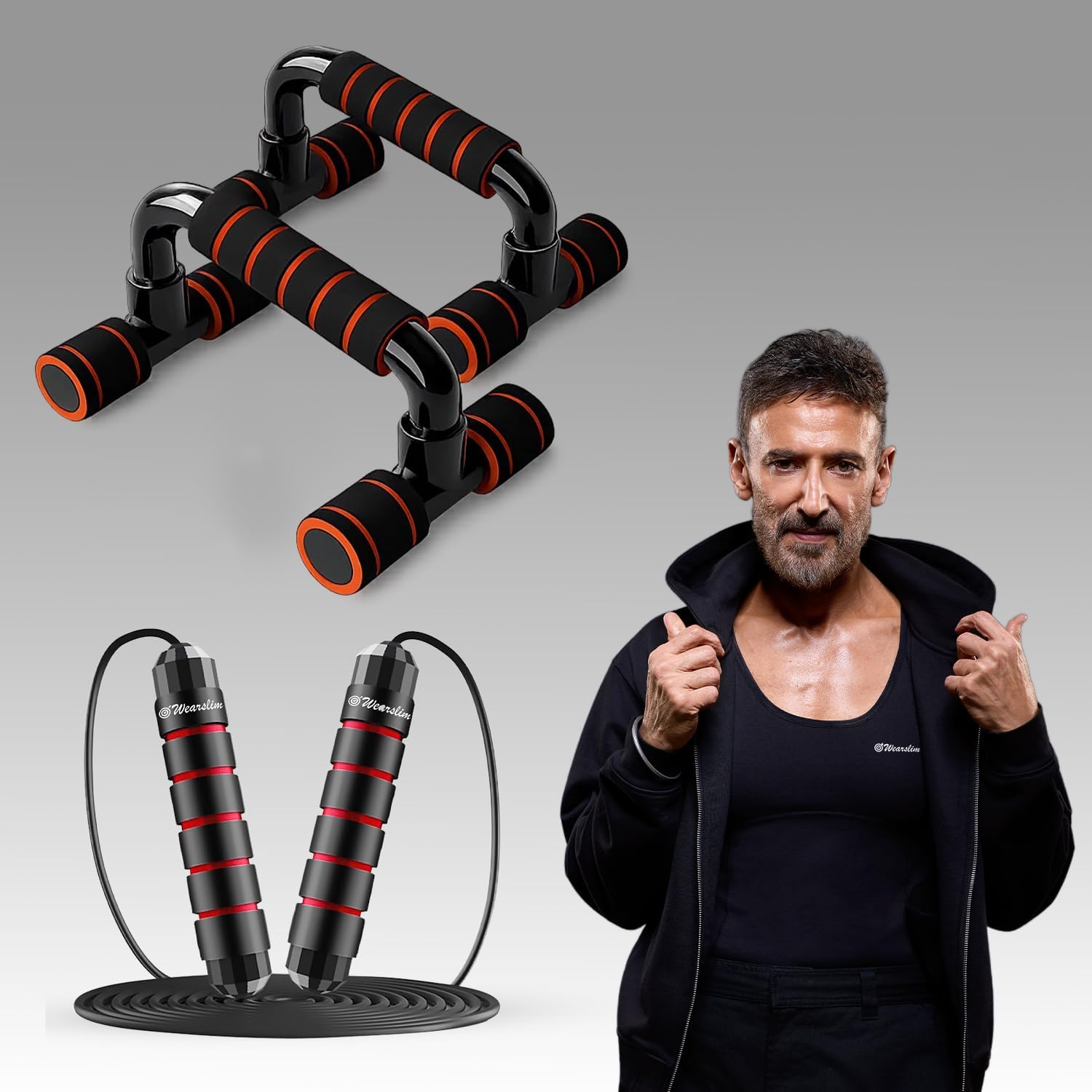 Wearslim Combo of Professional Adjustable Skipping Rope & Non-Slip Push-Up Stand for Men & Women, Ergonomic Designed Padded Handles, Jump Rope with Push-Up Bar - Multicolor