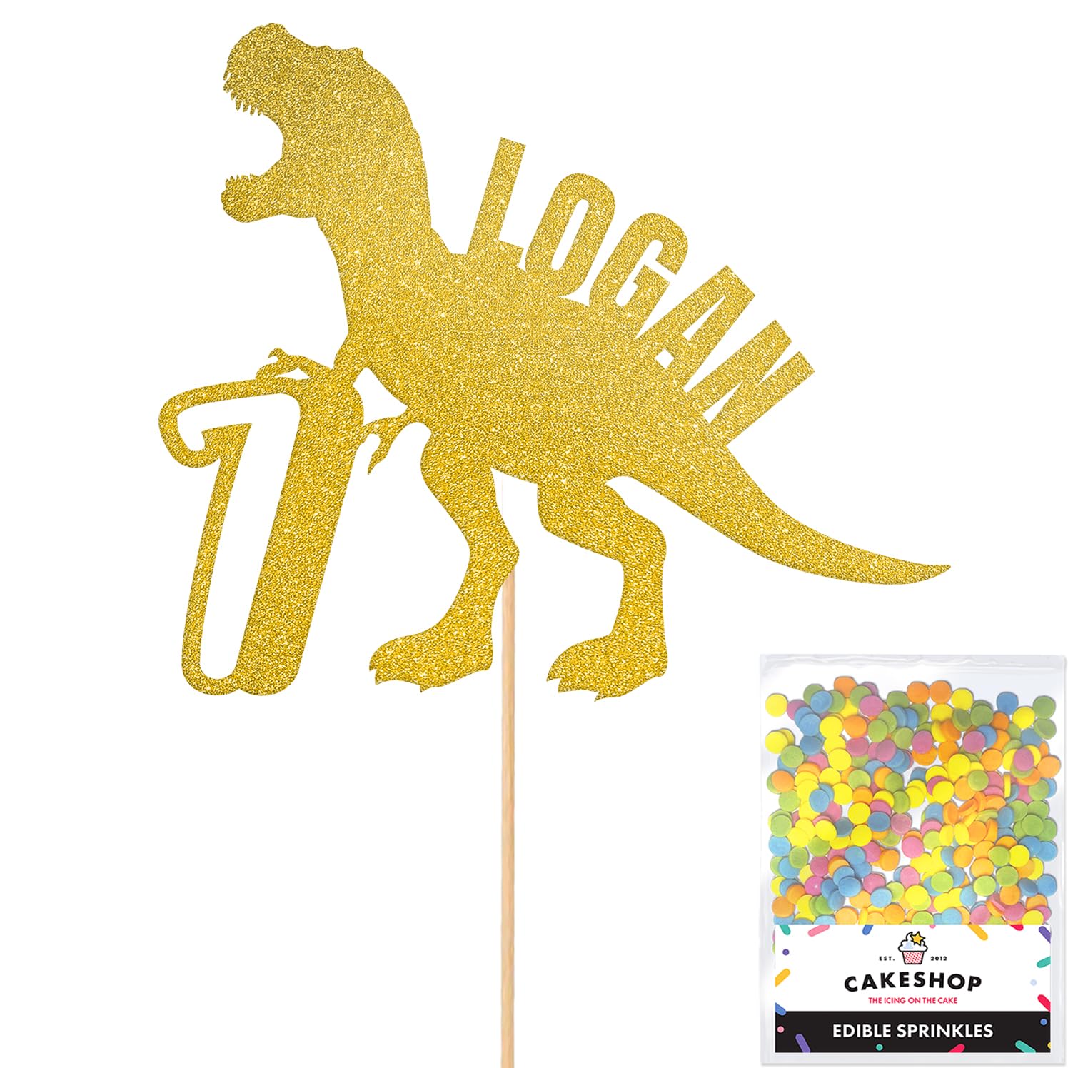 Personalised Birthday Dinosaur Glitter Cake Topper- Gold Any Name & Age Glitter Cake Decoration and Sprinkles - Happy Birthday Decorations - Personalised Toppers for Cakes by Cakeshop — image 1