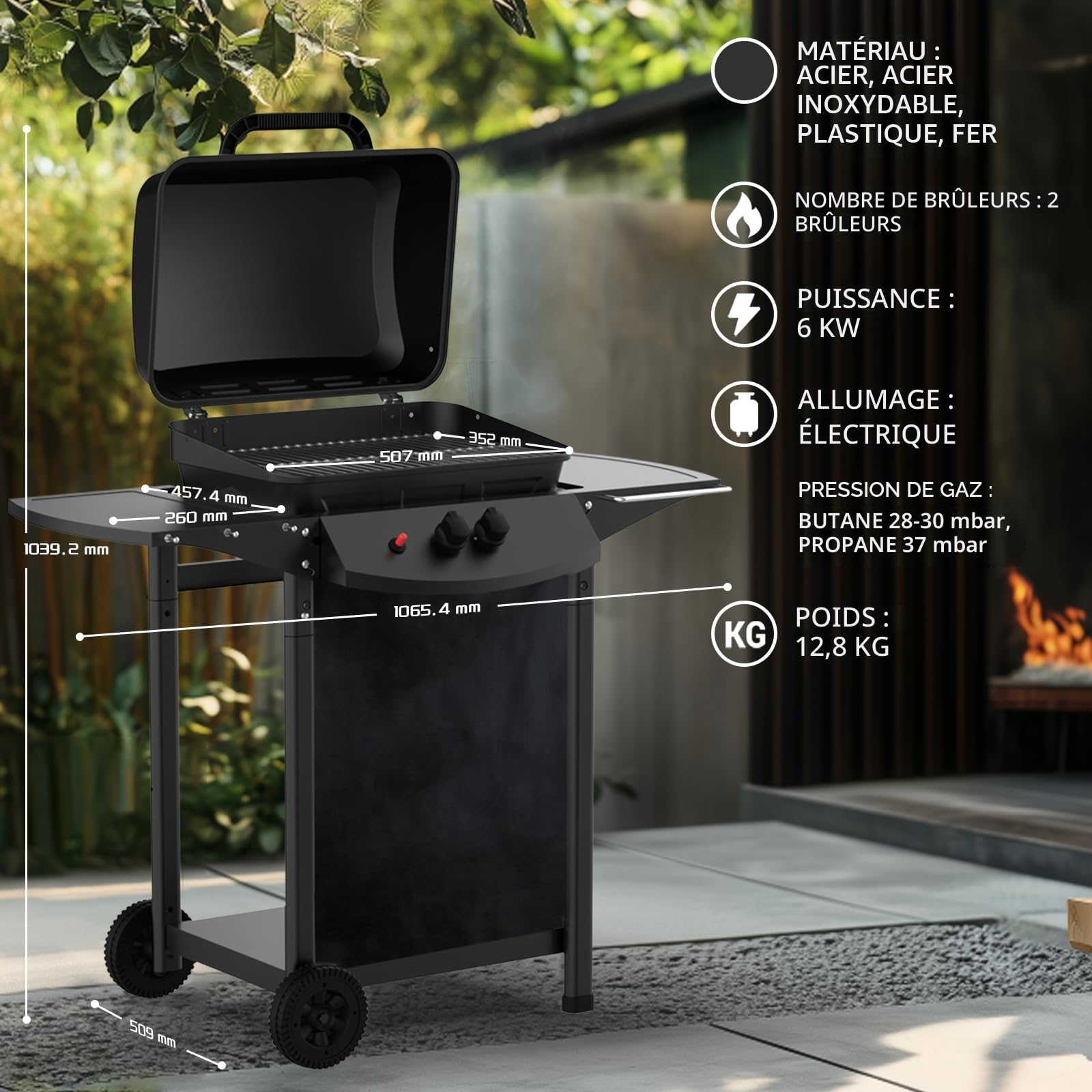 Topwish barbecue gaz, barbecues à gaz 2 brûleurs,plancha gaz exterieur,étagère rabattable en latéral, sur roulettes,6000W,106.44 * 55.6 * 103.85cm