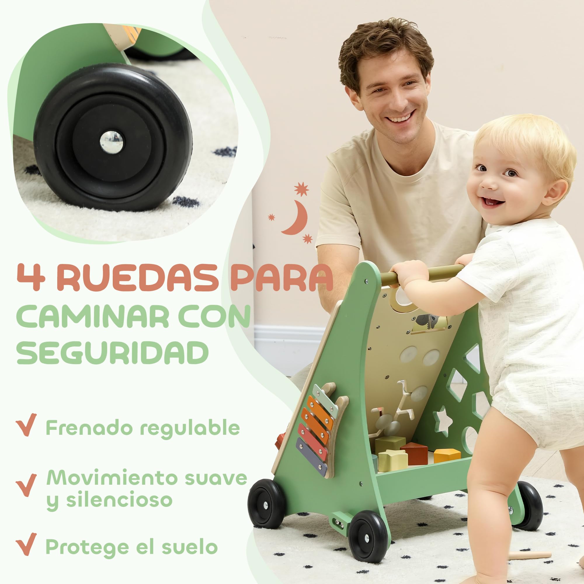AIYAPLAY Andador Madera Bebé, Juguete de Andador, Centro de Actividades de Aprendizaje Montessori Control de Velocidad, con Xilófono, Engranajes, Laberinto, Cuentas, Para Niños de +18 Meses, Verde