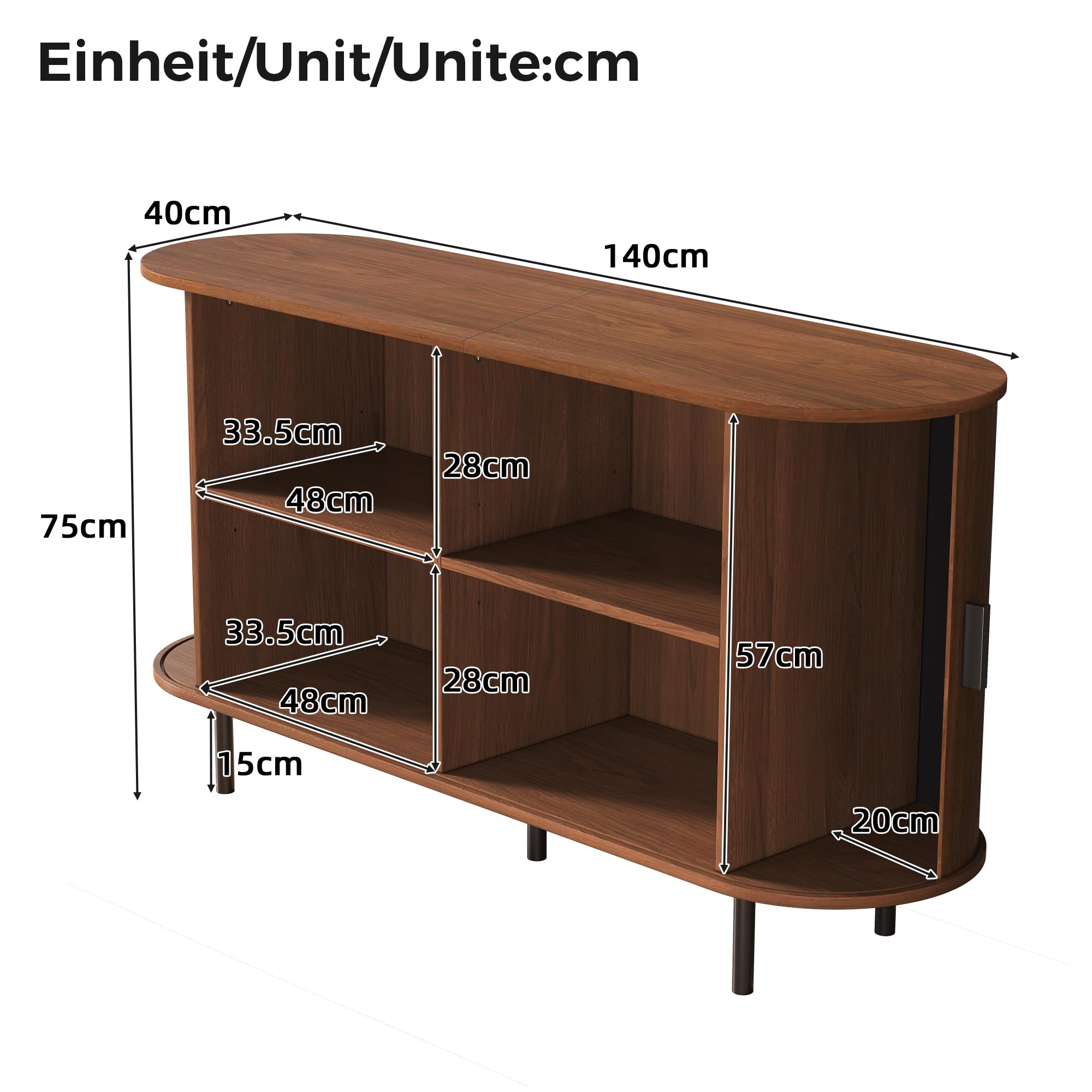 Credenza in legno di noce con 2 ante scorrevoli e scanalature verticali in rilievo, 140 x 40 x 75 cm, mobile porta TV, armadietto portaoggetti per soggiorno e corridoio elegante