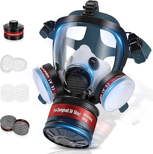Miniatura 7 de Máscara respiradora de cara completa  Máscara de polvo reutilizable con filtro de carbón activado de 1.575in para vapor orgánico, formaldehído,