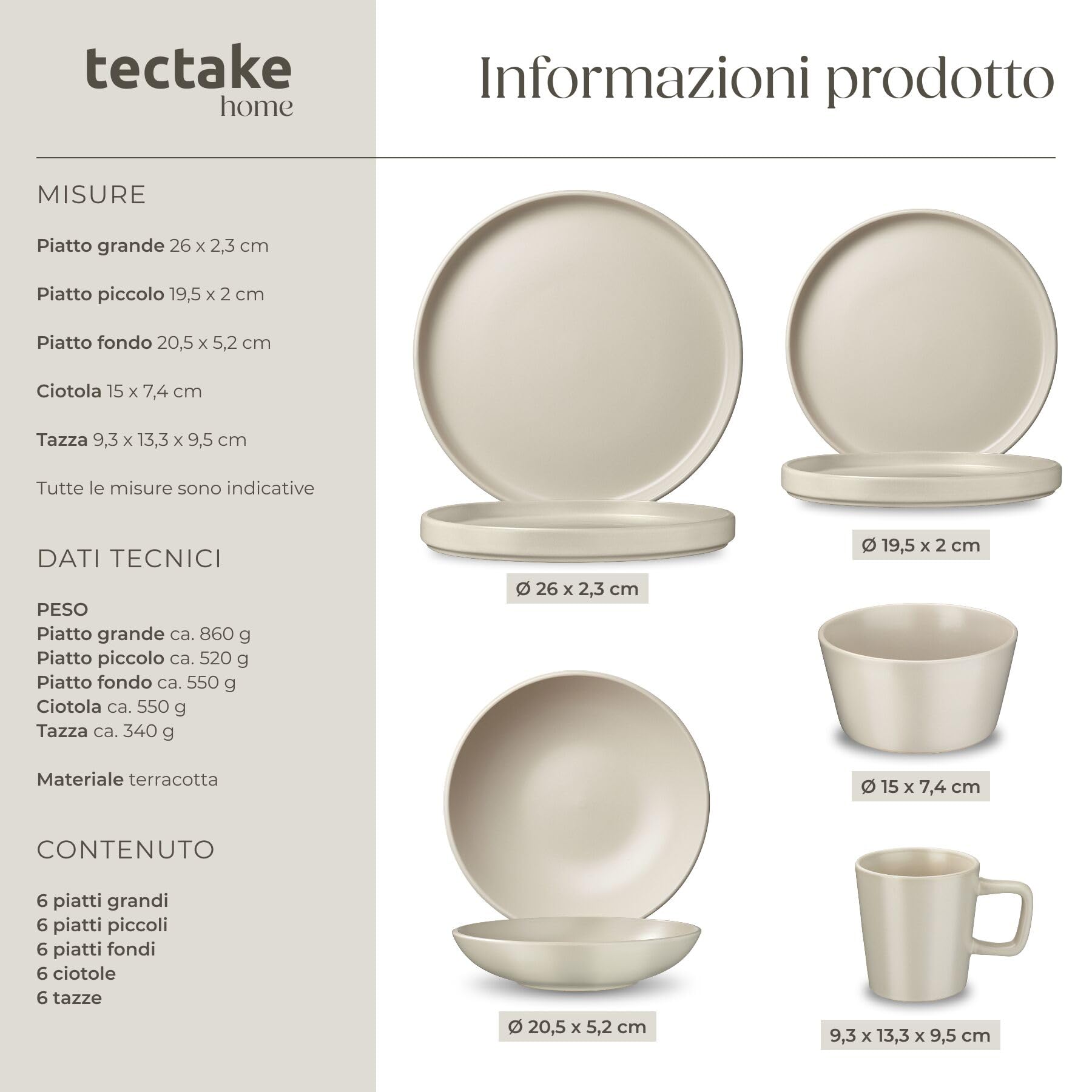 tectake® Set cucina per 6 persone 46 pcs, stoviglie e pentole, 24 pcs piatti ciotole e tazze, adatte a microonde, 11 pcs padelle, coperchi pentole manici removibili, spatola, mestolo - Tortora/Bianco