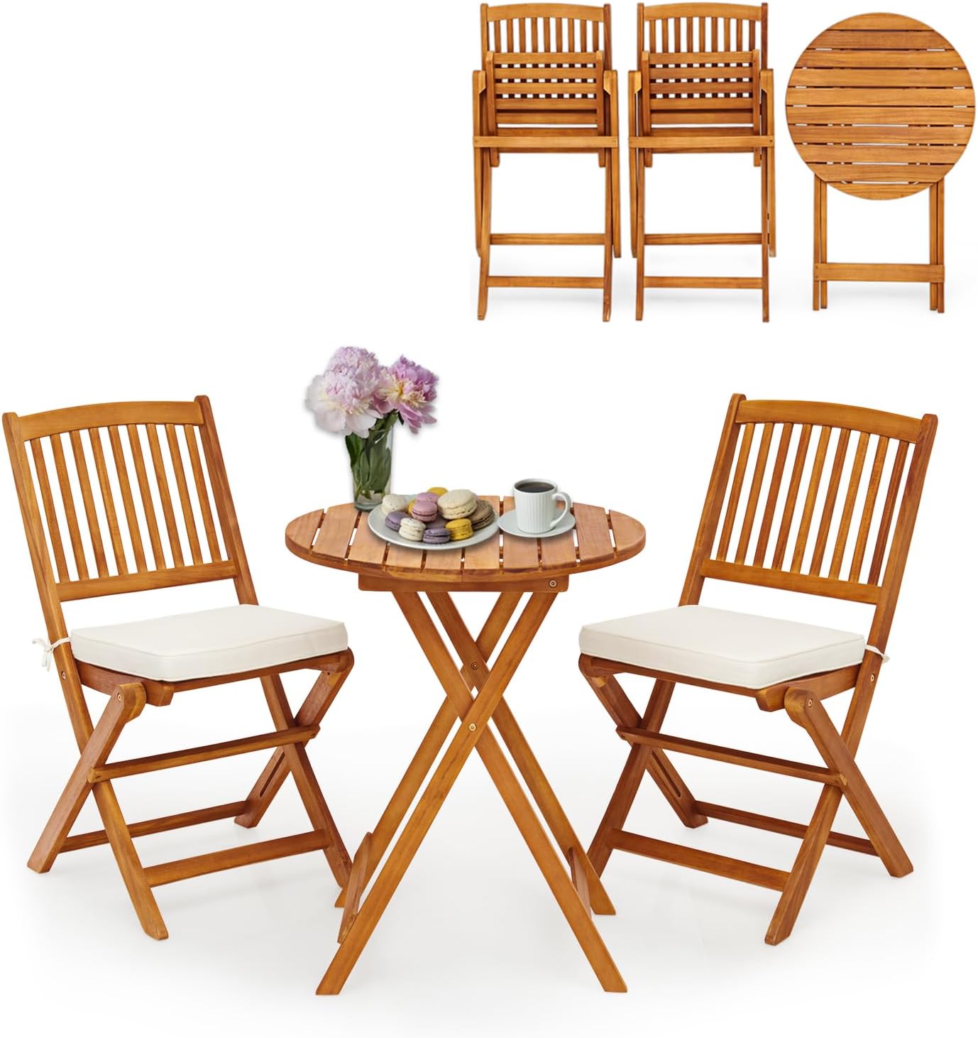 S AFSTAR 3 Pieces Patio Bistro Set, Acacia Wood Bistro Set Folding Chair with Round Coffee Table & Padded Cushion, Outdoor Bistro Table and Chair Set of 2 for Patio, Balcony, Poolside & Porch (Beige)