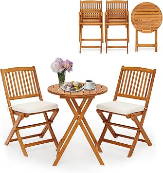 S AFSTAR 3 Pieces Patio Bistro Set, Acacia Wood Bistro Set Folding Chair with Round Coffee Table & Padded Cushion, Outdoor Bistro Table and Chair Set of 2 for Patio, Balcony, Poolside & Porch Beige