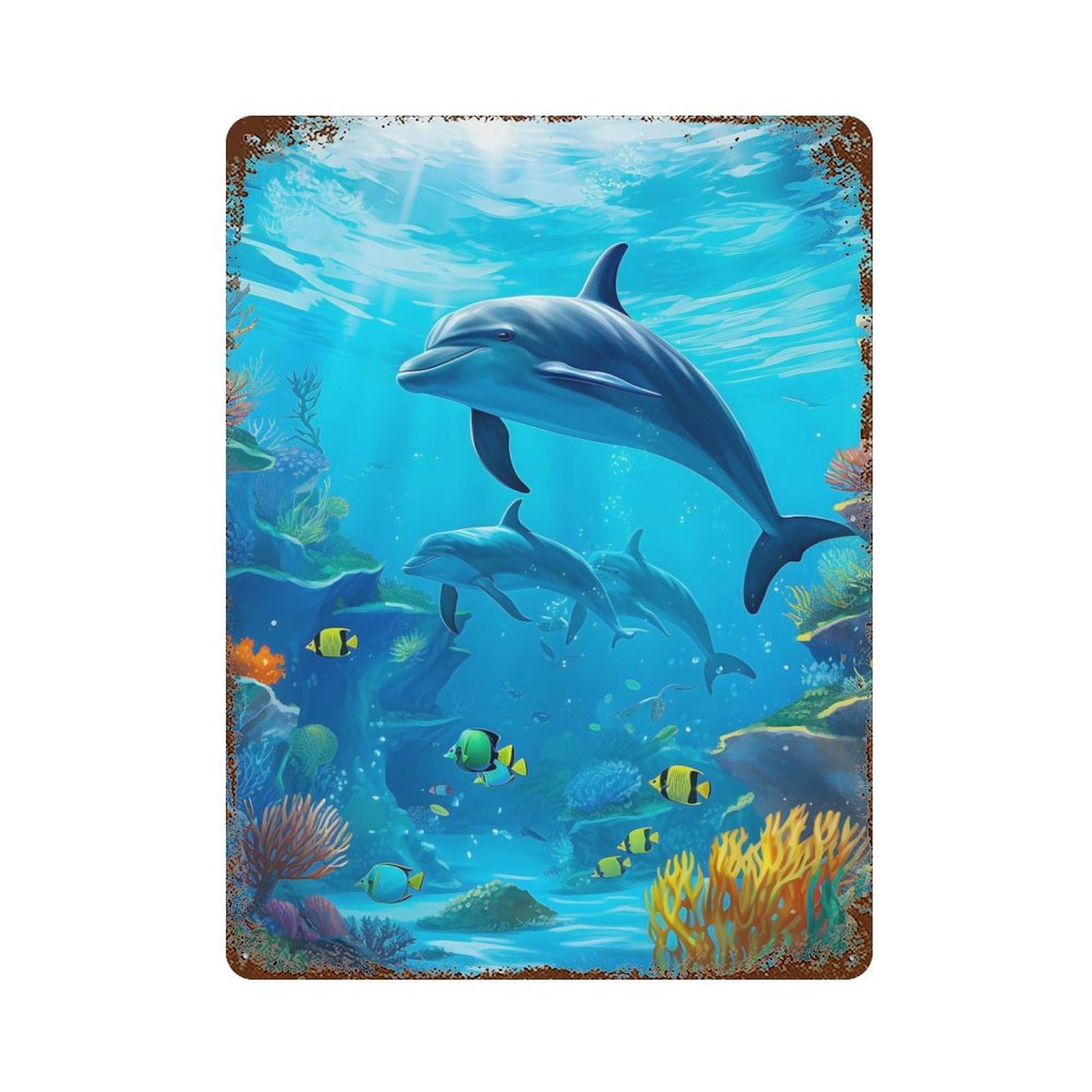 Rust Effect Dolphin Underwater Aged Metal Wall Plaque 15.7"x11.8", Farmhouse Wall Decor for Office, Studio And Wall Decor