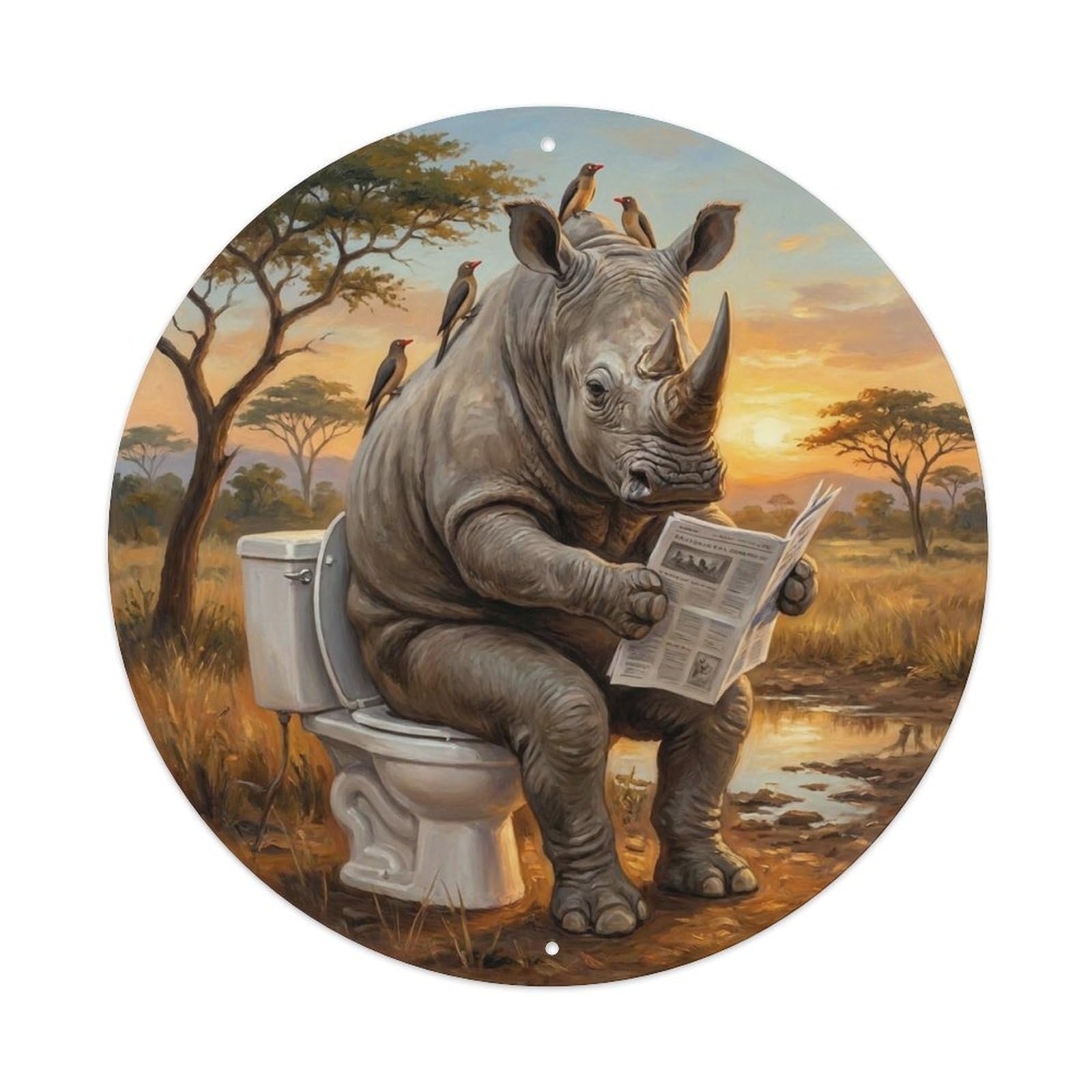 Rhino On Toilet Humorous Bathroom Savanna Mud Wallow Metal Tin Sign