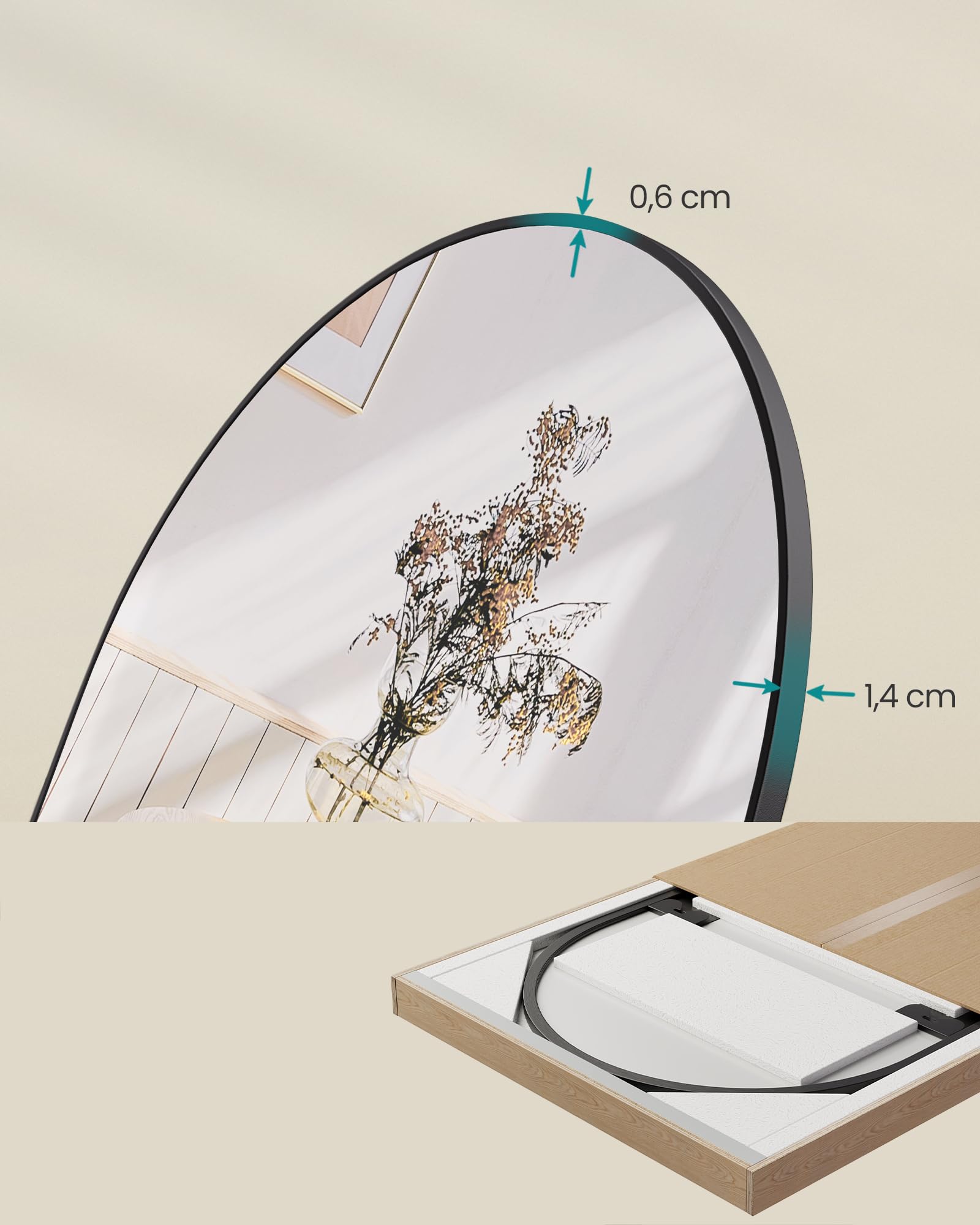 SONGMICS Pełne lustro wiszące, 120 x 40 cm, zakrzywione lustro, rama ze stopu aluminium, szkło hartowane, do sypialni, salonu, garderoby, atrament czarny LFM033B01