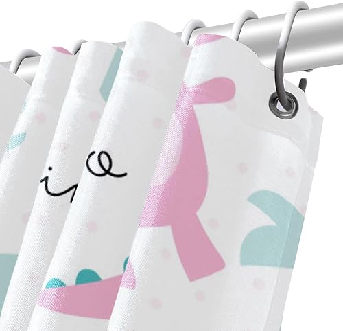Miniatura 5 de KXO Bonita cortina de ducha de dinosaurio rosa y morado, impermeable, lavable, juego de cortina de baño de poliéster con ganchos, 72 x 72 pulgadas