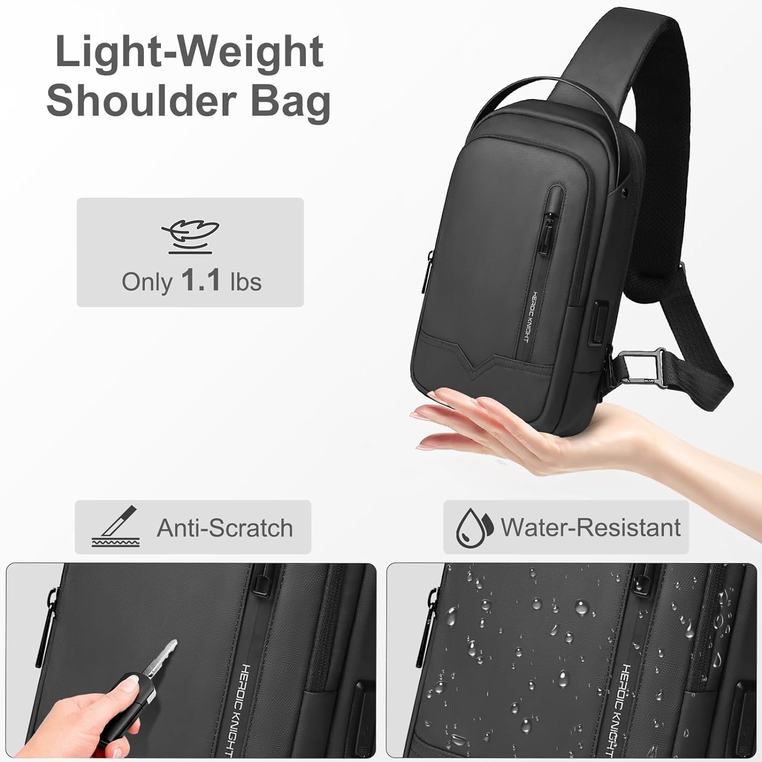 hk Sacoche Homme Sac de Poitrine Imperméable Léger avec Port de Chargement USB Sacoche Bandoulière Noire Sac Bandouliere pour iPad 11.3 Pouces (Noir)