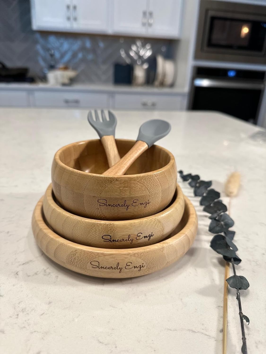 Bamboo Suction Bowls Set for Baby Toddler, 3 Deep Food Bowls with Gray Silicone Spoon & Fork, All-Natural Baby Feeding Set for Baby-Led Weaning, Non-Slip Design (Gray Set)