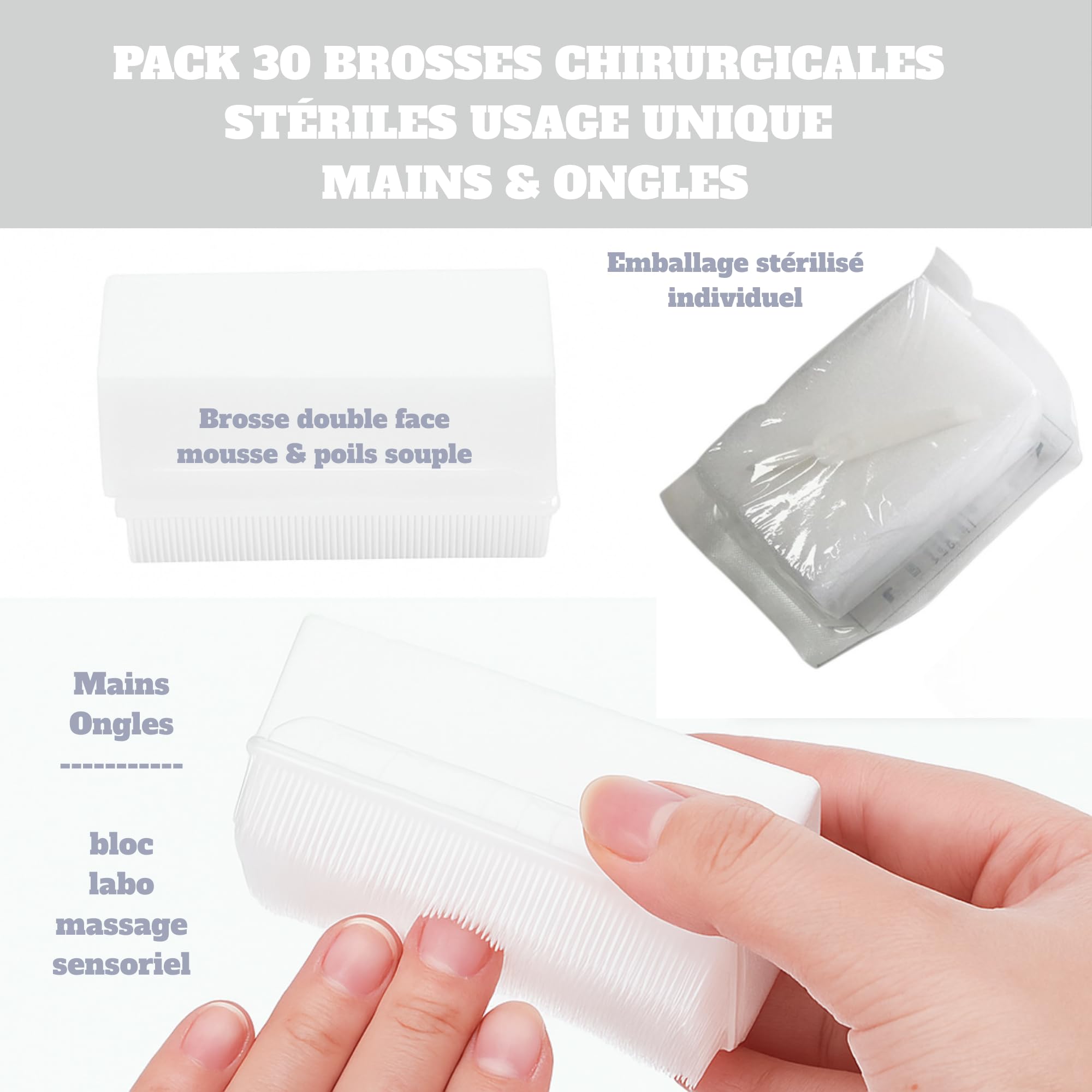 Brosse Chirurgicale Stérile Avec Cure-Ongle | Brosse Sensorielle | Brosse de bain bebe | Eponge de Bain Stérile | Brosse Stérile double face | Thérapie Sensorielle Enfant Adulte (Carton x 30 brosses)