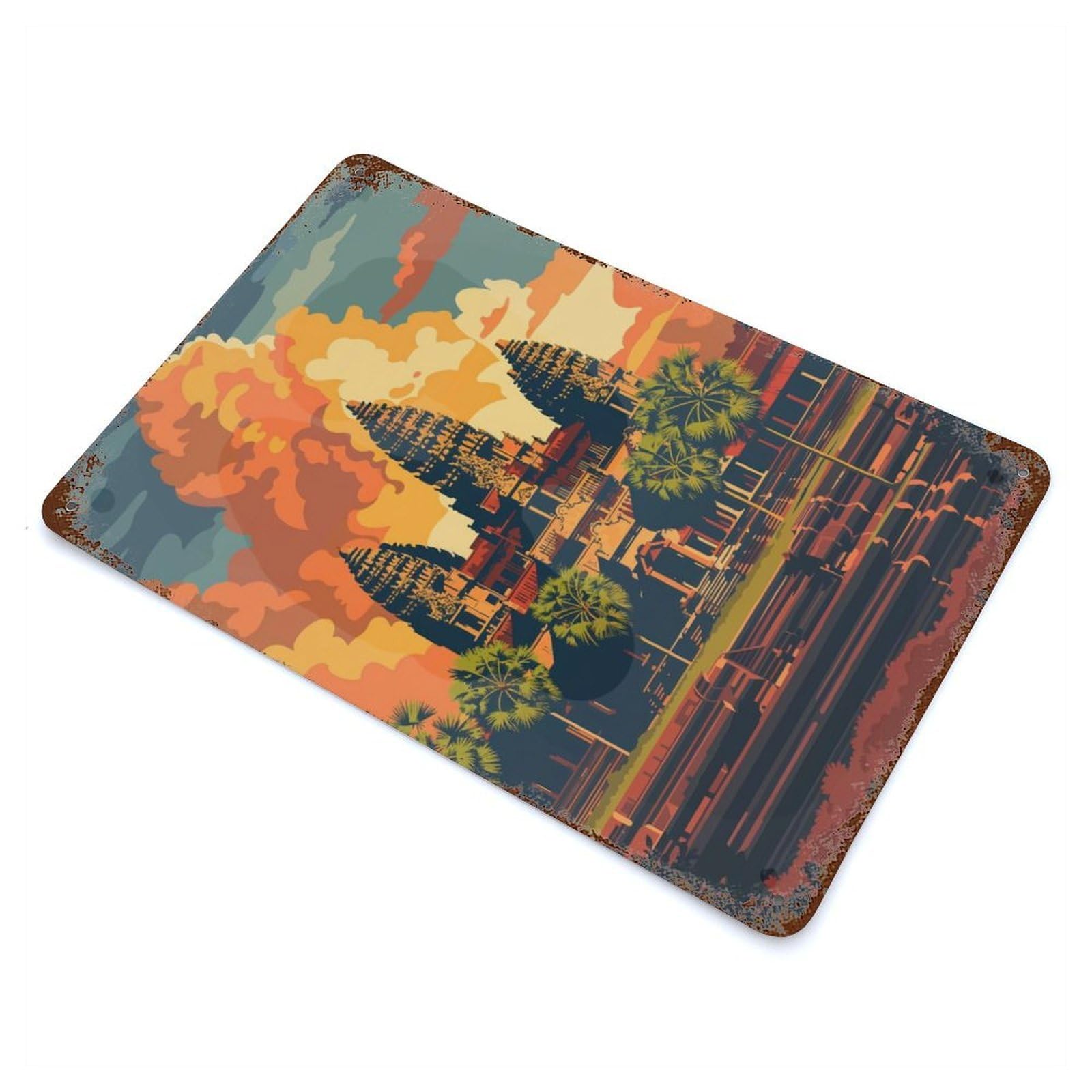 Rust Effect Angkor Wat Temple Sunset Vintage Rust Metal Sign 11.8"x7.9", Farmhouse Wall Decor for Basement, Hobby Room And Garage Decor