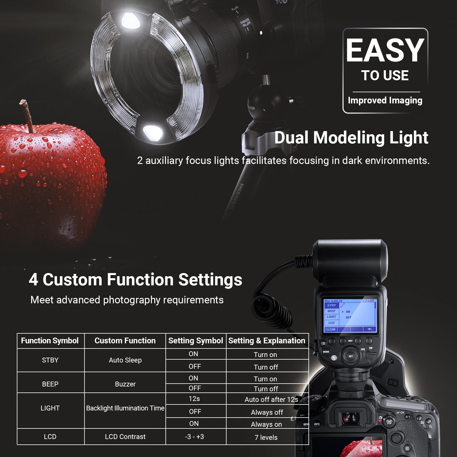 NEEWER RF1-C 76Ws Marco Ring Flash kompatybilna z Canon, wyjście 1-1/128, GN15, 5600 K, kurtyna przednia/tylna, TTL lampa błyskowa z kolorowym żelem i adapterami obiektywu do makro