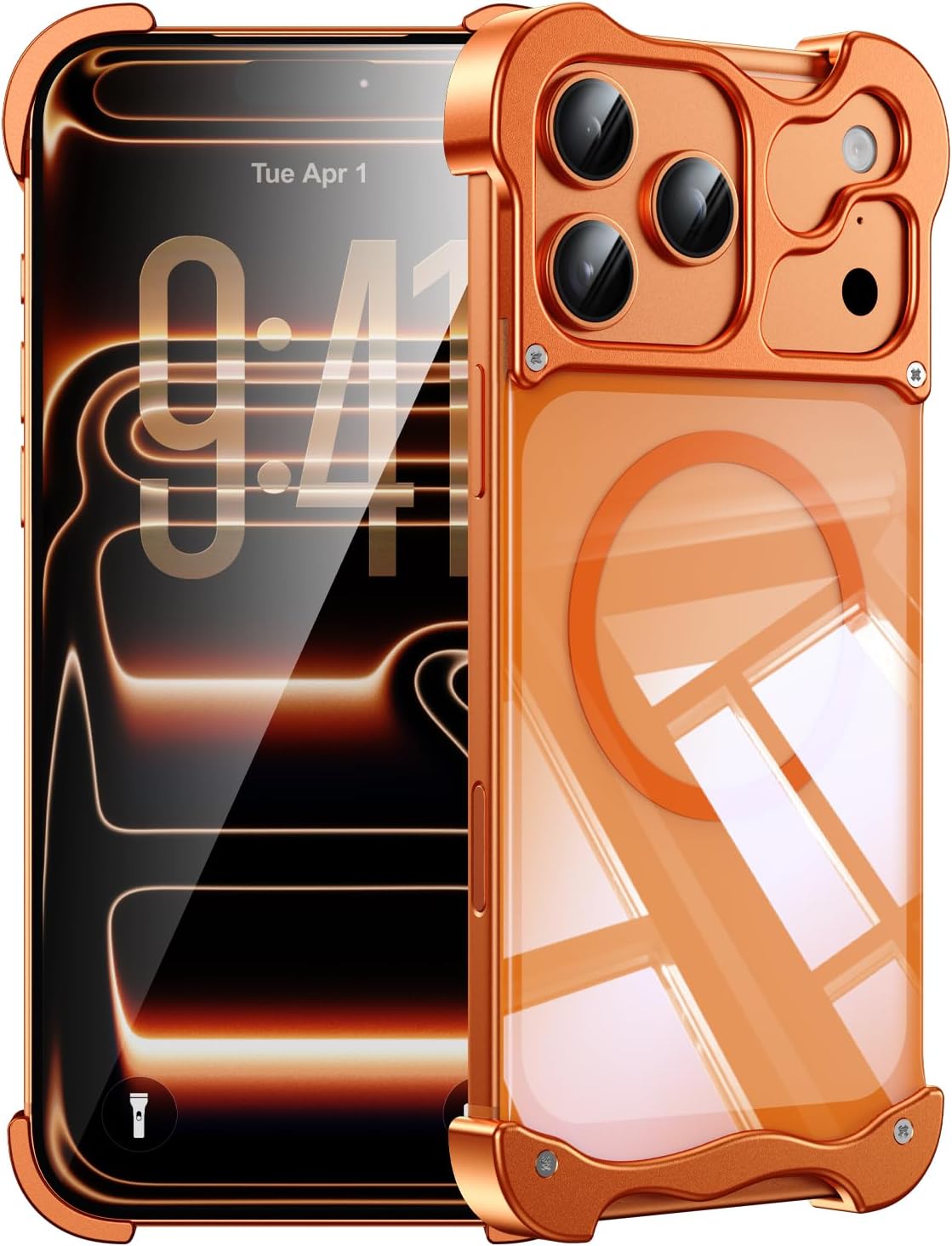 for iPhone 17 Pro Max Case Metal Frameless Detachable 4 Corner Airbag Compatible with MagSafe Slim Bumper Grade Shockproof Protector Cover with Camera Protection for iPhone 17 Promax Orange
