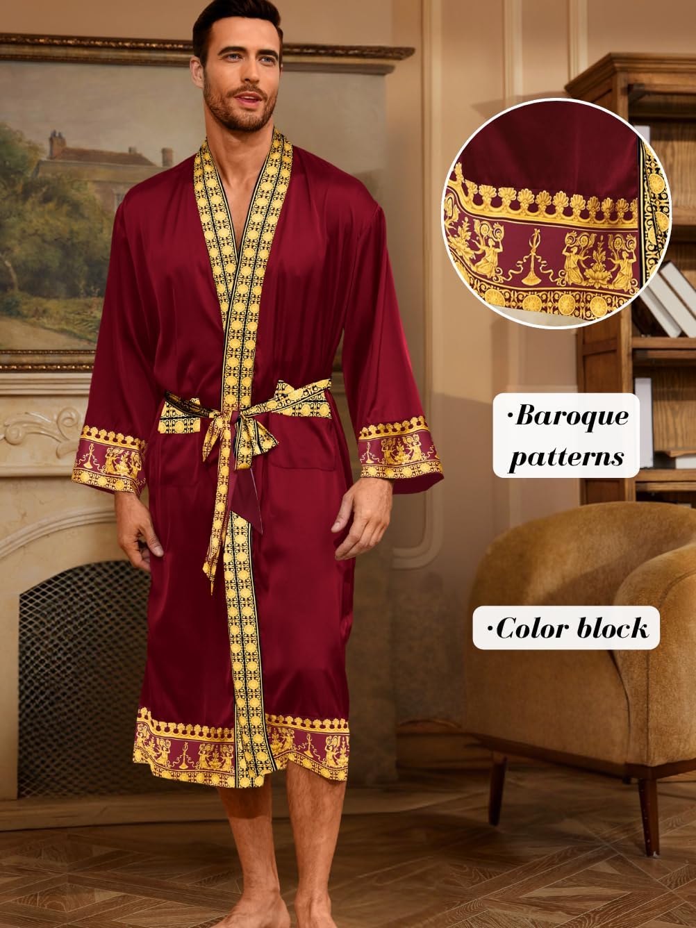ChiaoLezhee Men's Luxury Silky Robe & Shorts Set, 2PC Lightweight Satin Pajamas with Pockets, Opulent Baroque Kimono Gifts