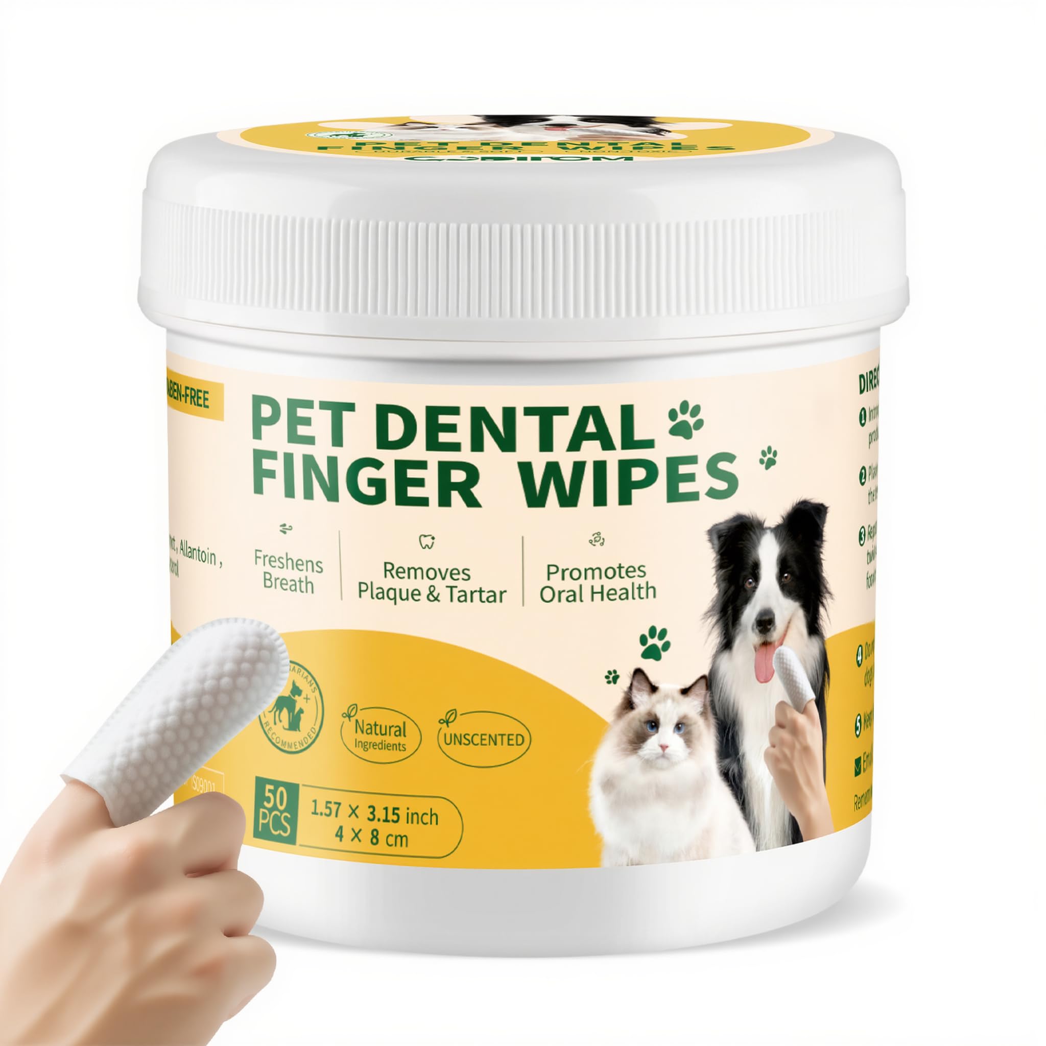 GLADFRESIT Dental Care Finger Wipes 50 Counts –Disposable Wipes for Dogs & Cats, Plaque & Tartar, Fresh Breath & Gum Health, All Natural Dog Toothbrush & Tooth Brushing Kit（Unscented）