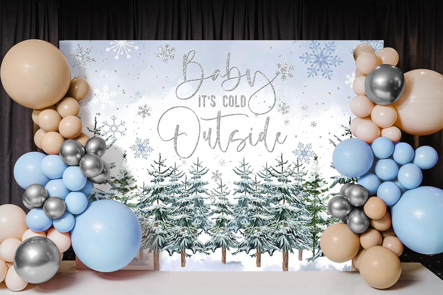 Mocsicka Winter Baby Shower Backdrop - Baby It's Cold Outside Party Decorations - Forest Watercolor Pine Tree Background - Snowflake Winter Wonderland Party Banner (Blue, 10x8ft)
