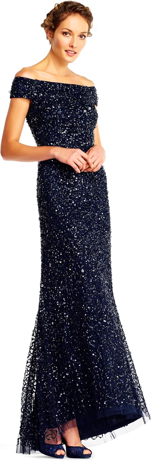 Adrianna Papell Women's Off Shoulder Bead Dress, Navy, 18 - Image 4