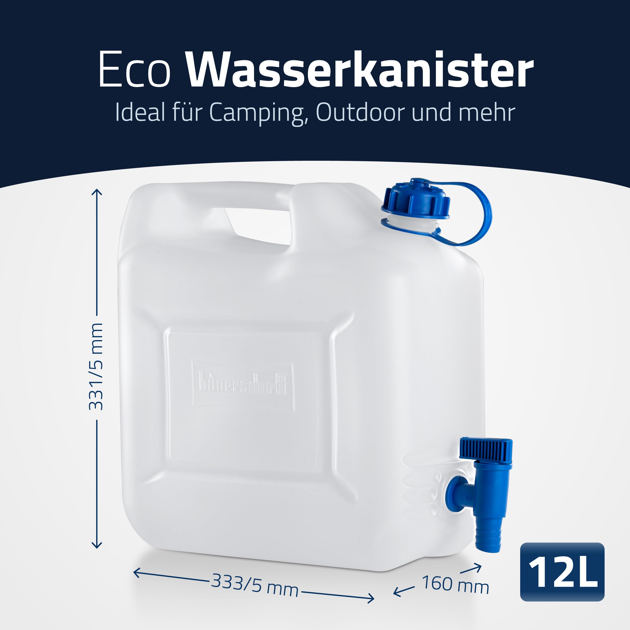 hünersdorff 817500 Wasserkanister ECO mit festmontiertem Ablasshahn / Wasserauslauf, 12 L (mit Hahn), Weiß